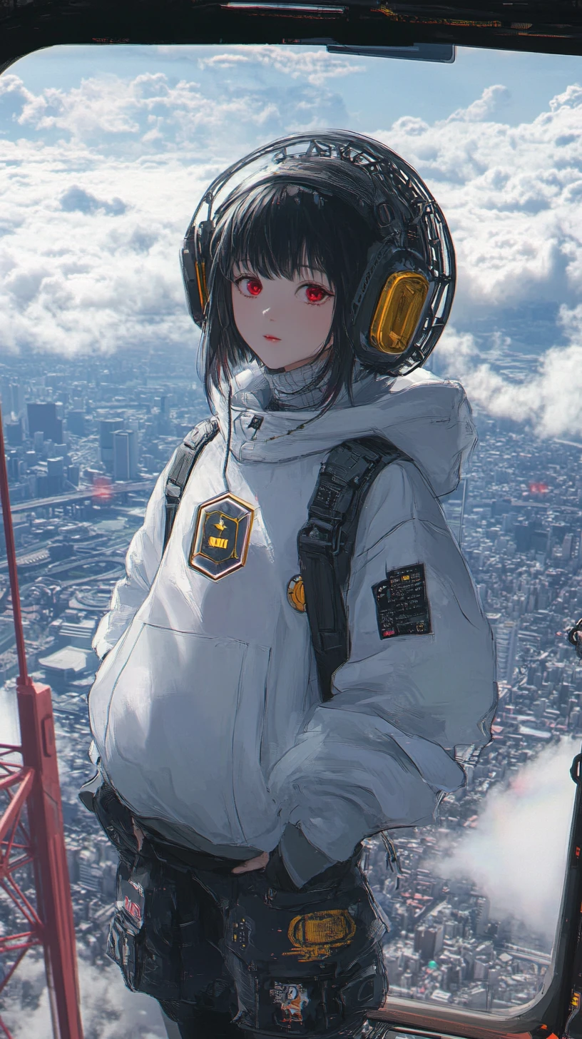 Garota de anime com espada futurista no terraço da cidade