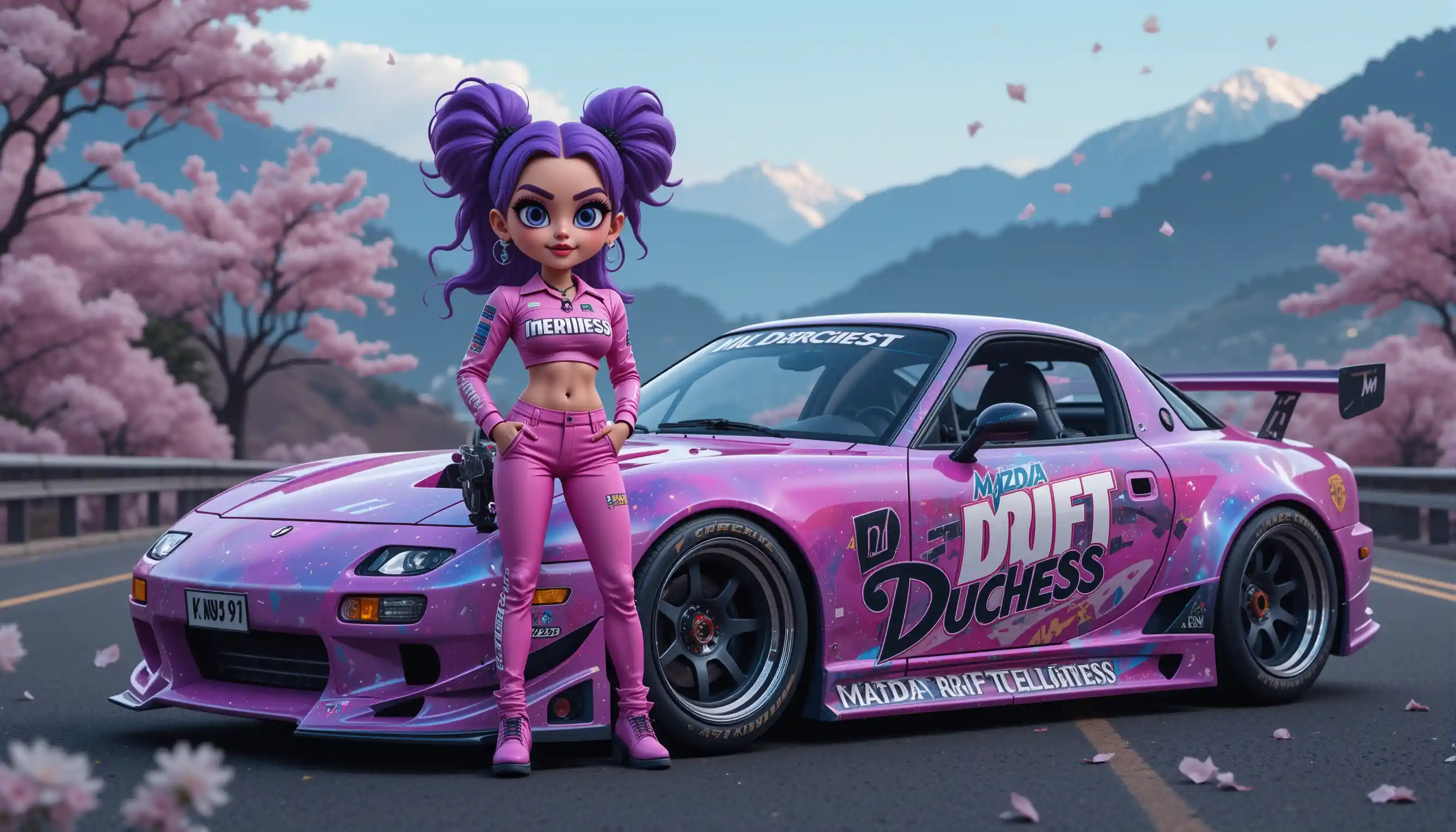 Femme stylisée avec voiture de sport sur col de montagne nocturne