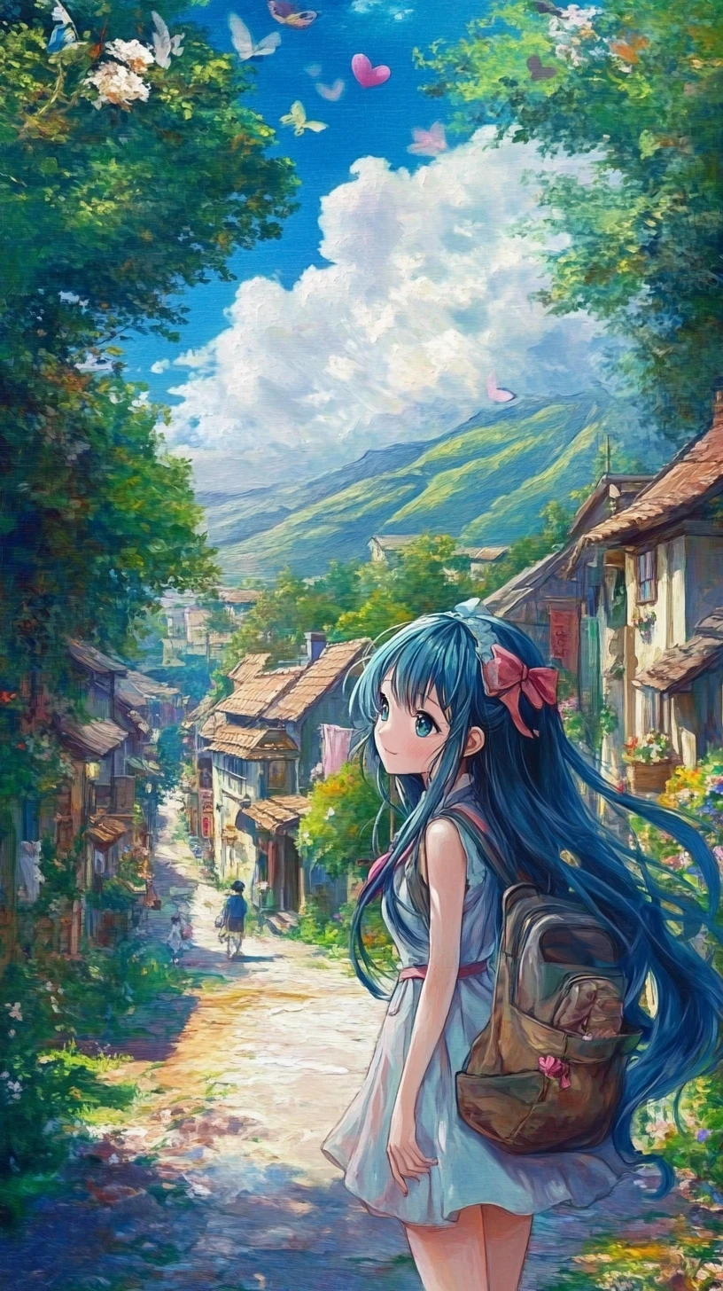 Anime-Mädchen in einem kleinen Dorf am Valentinstagsmorgen