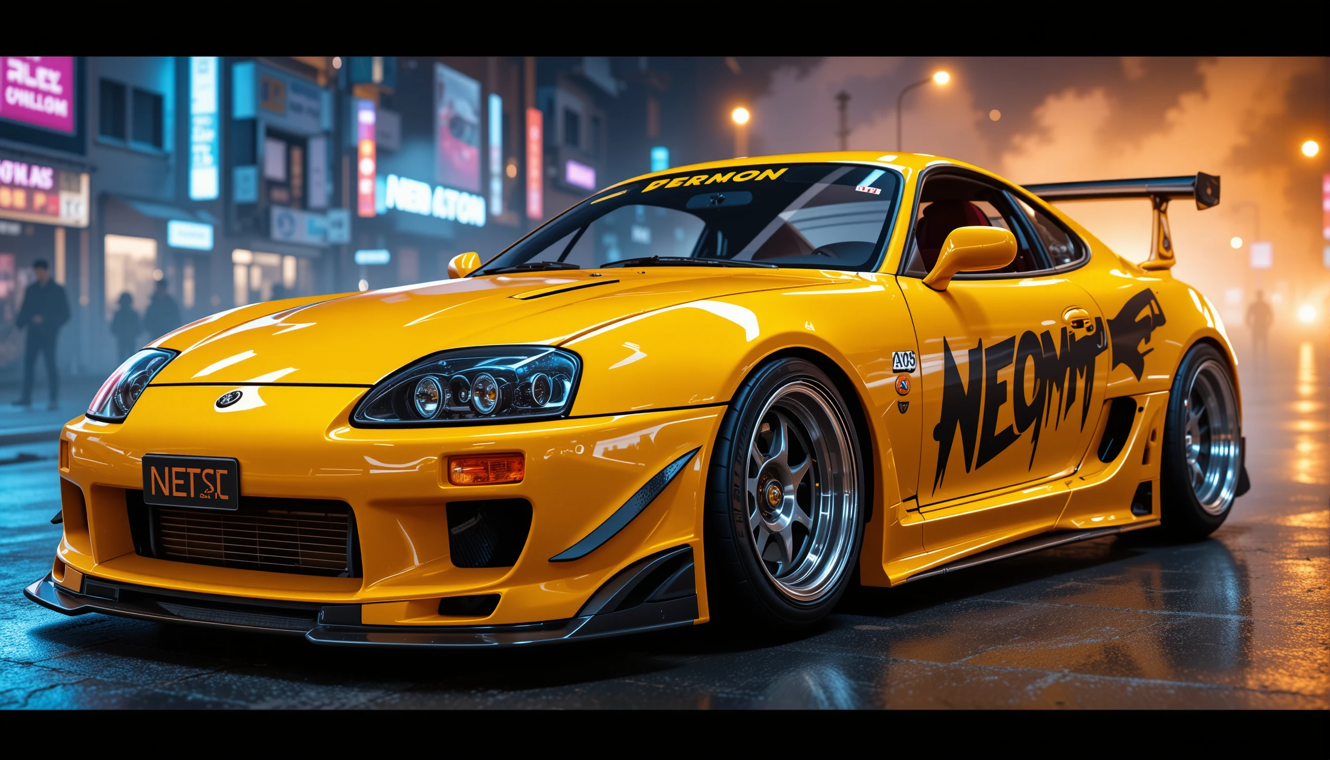 Close extremo de carro esportivo japonês widebody em cena neon