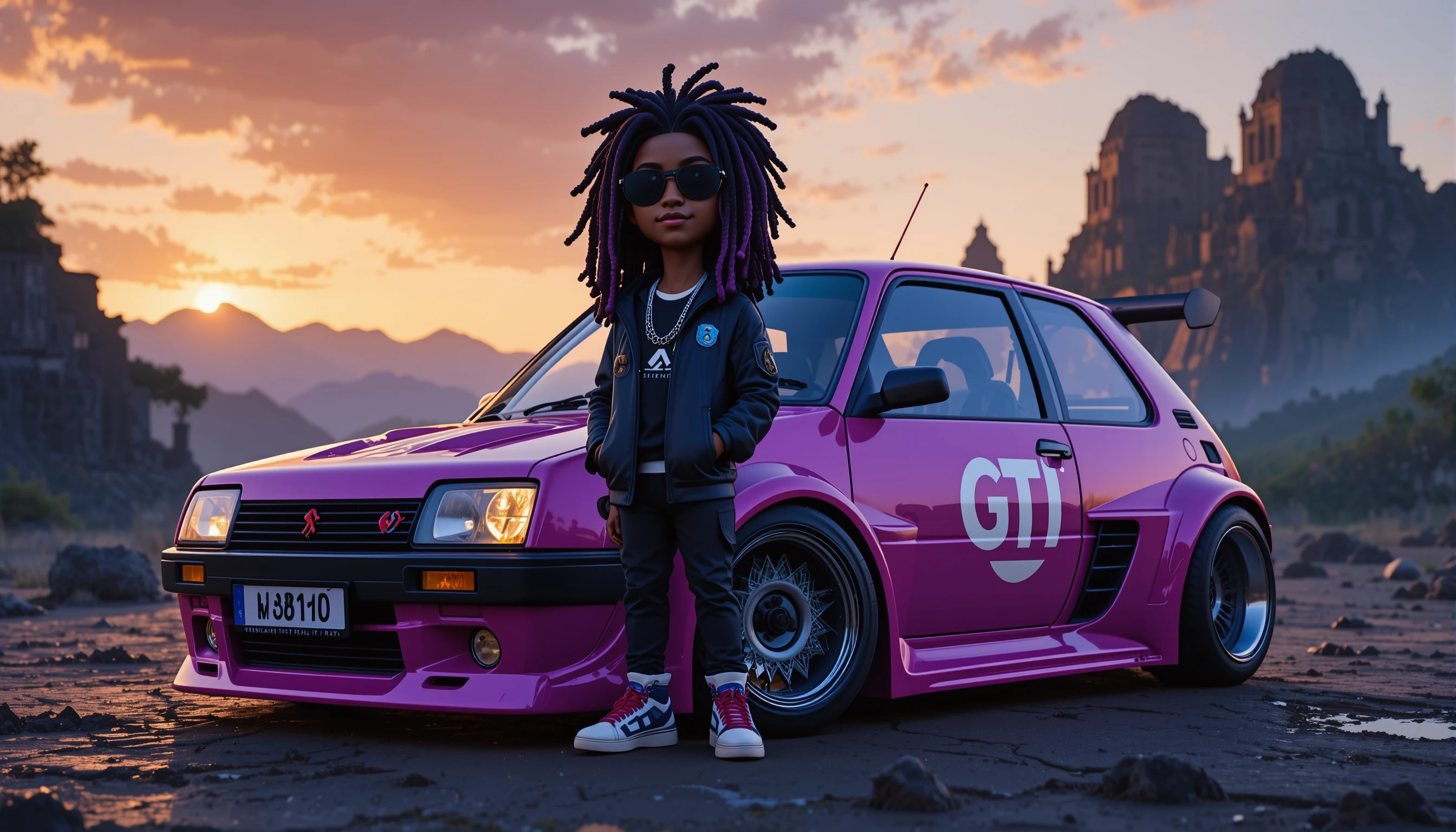 Rapper 3D stilizzato accanto a hatchback elaborata presso una fortezza al tramonto