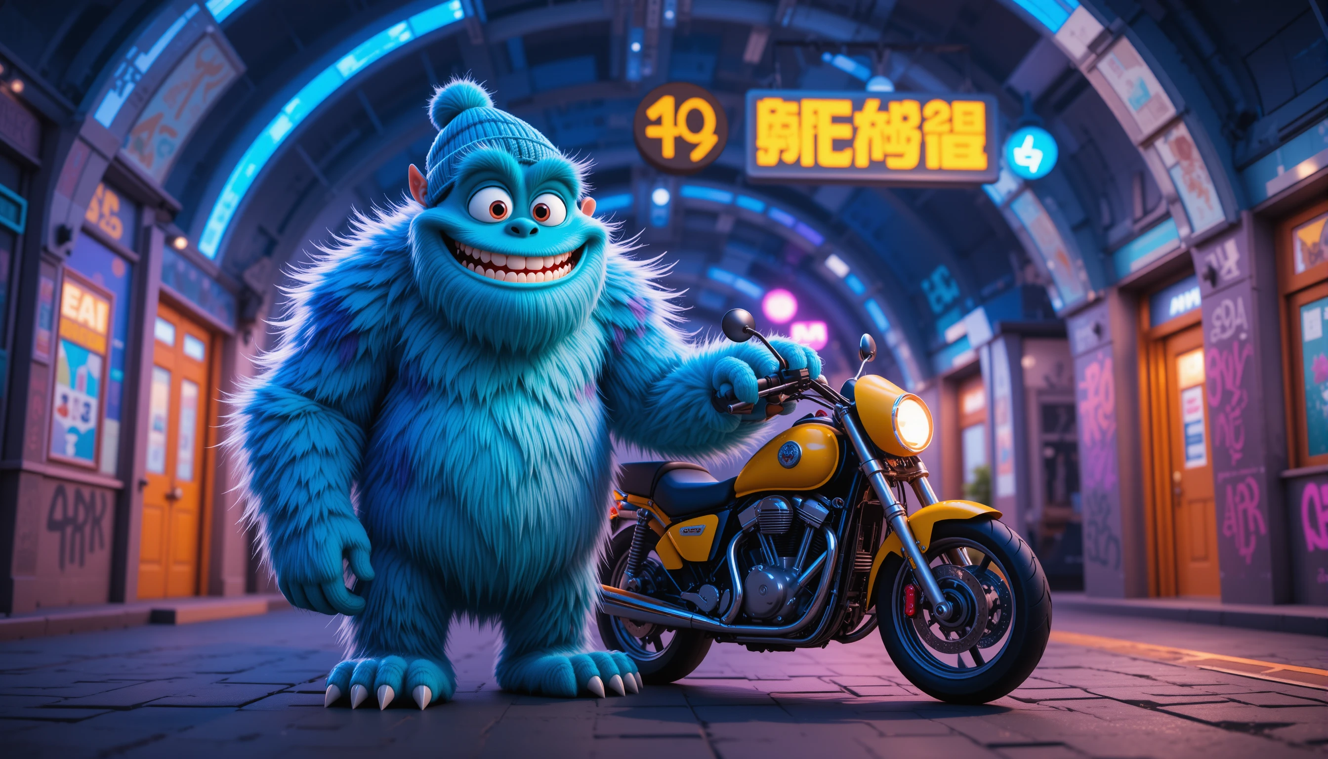 Mostro blu cartoon con moto gialla nella metro al neon