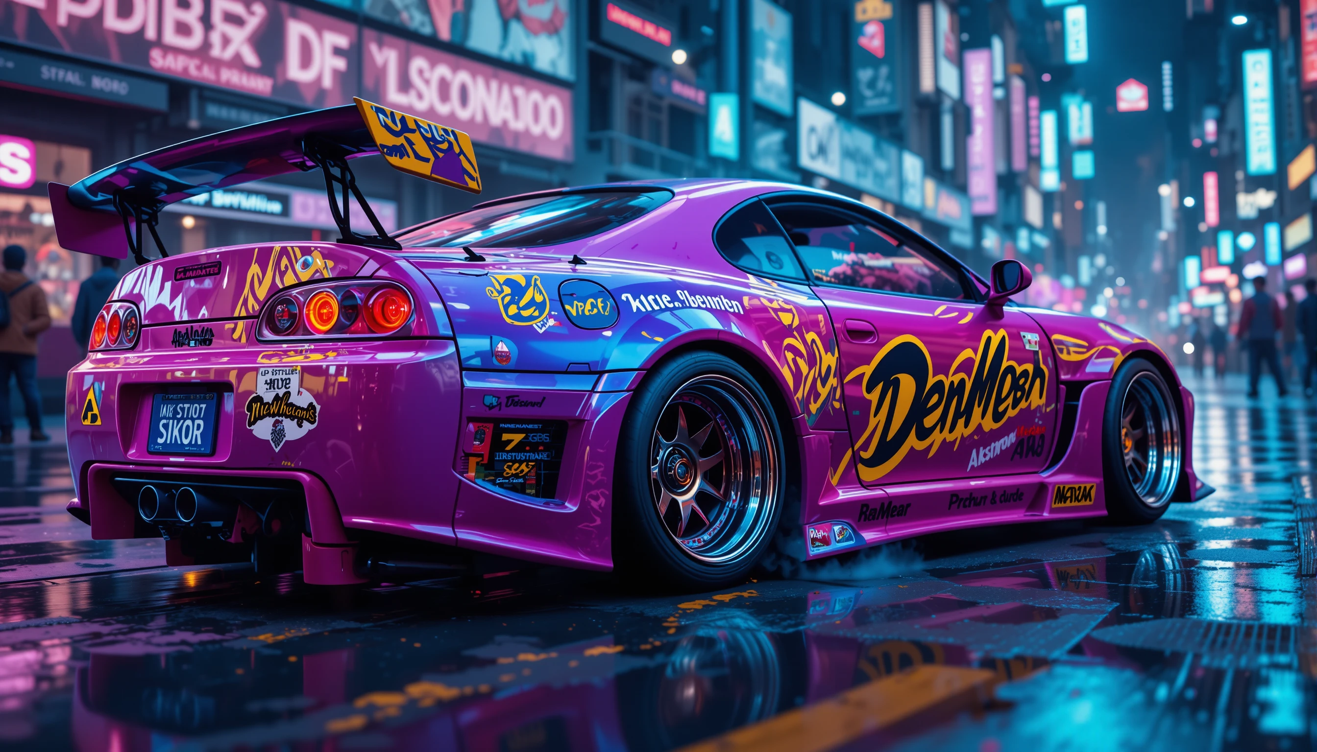 Primissimo piano estremo di auto sportiva widebody in colori neon