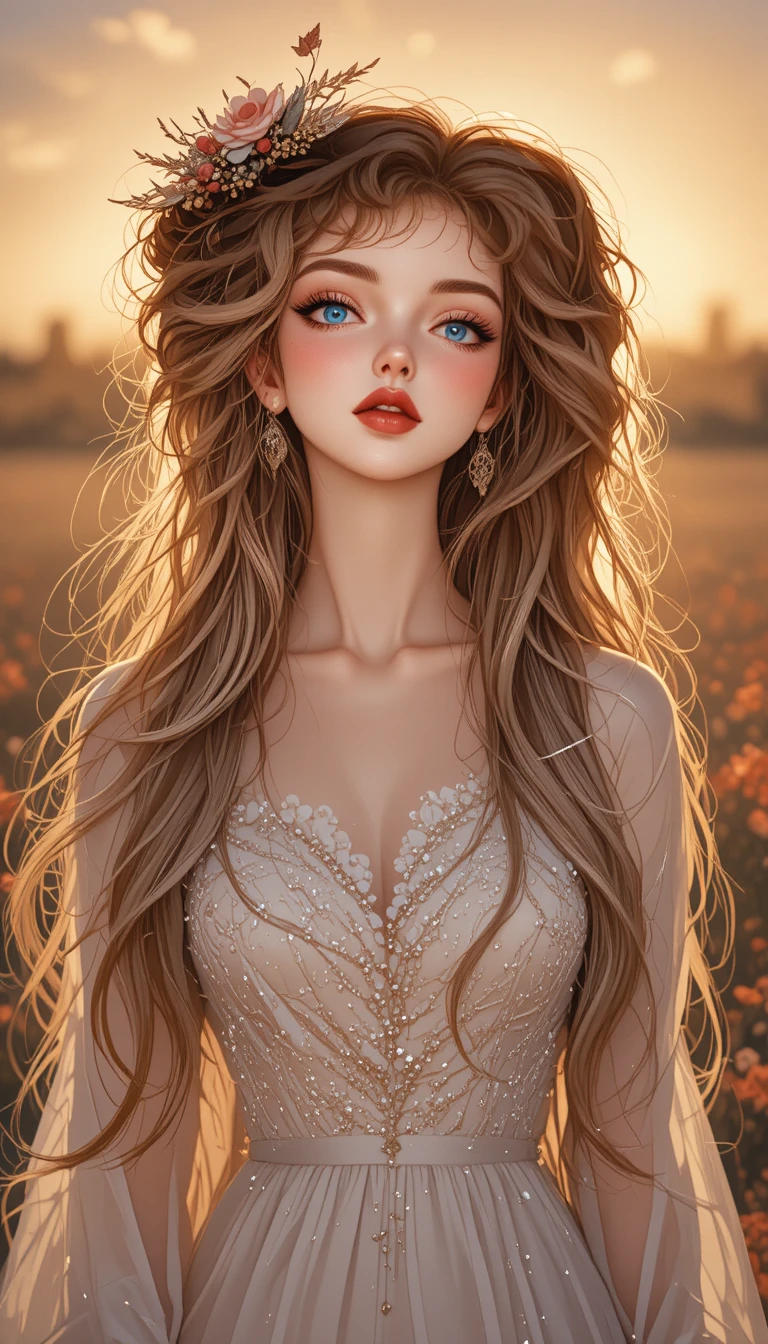 Fille anime blonde dans un champ de fleurs au coucher du soleil