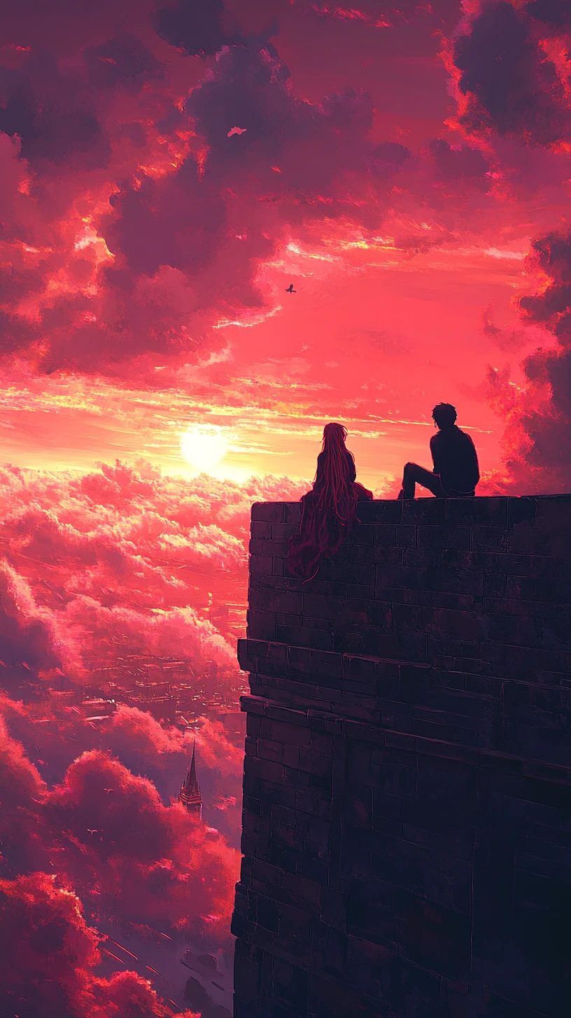 Casal de anime em antigo castelo de tijolos ao pôr do sol romântico