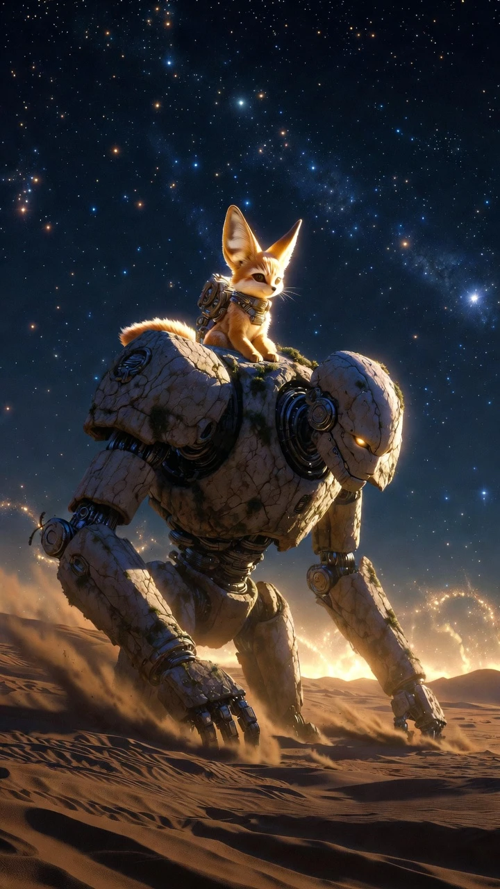 Piccolo mecha volpe su un antico golem di pietra nella notte del deserto