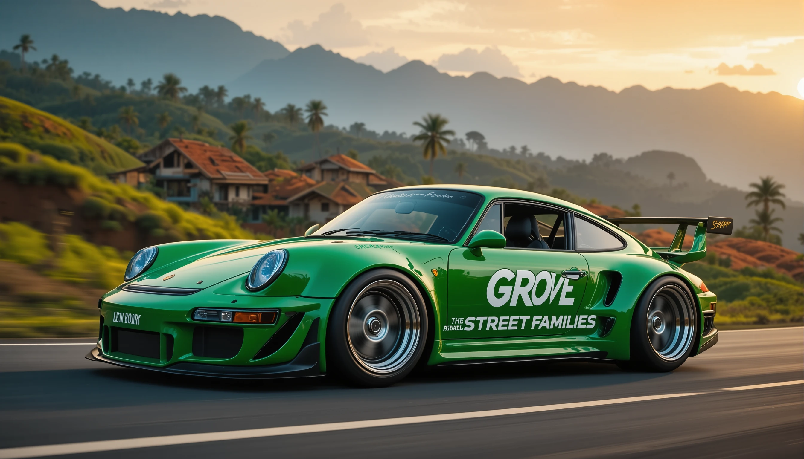 Grüner Sportwagen mit Widebody-Kit in den Reisterrassen von Bali