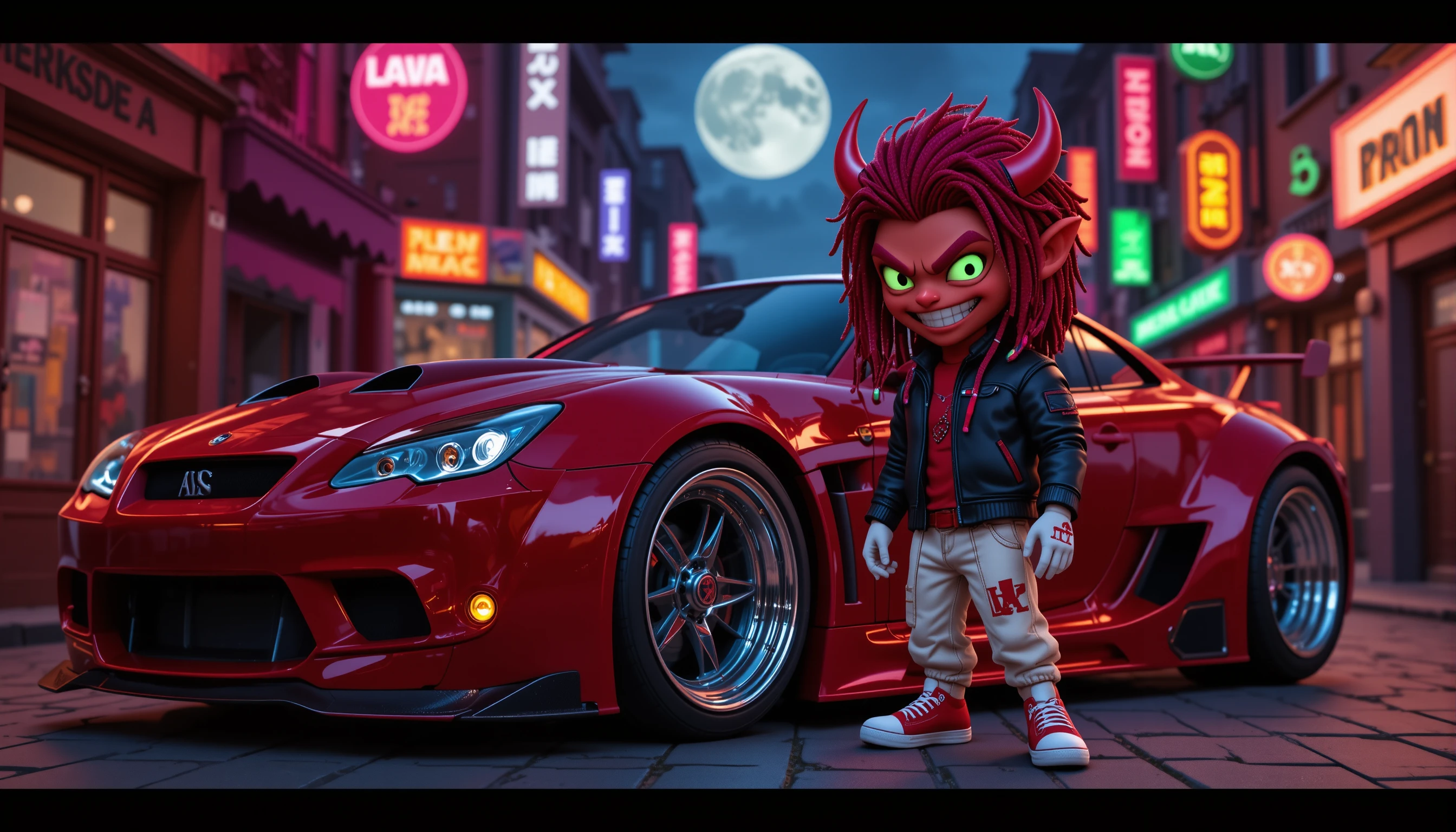 Mostro rosso cartoon con auto cremisi personalizzata nella notte