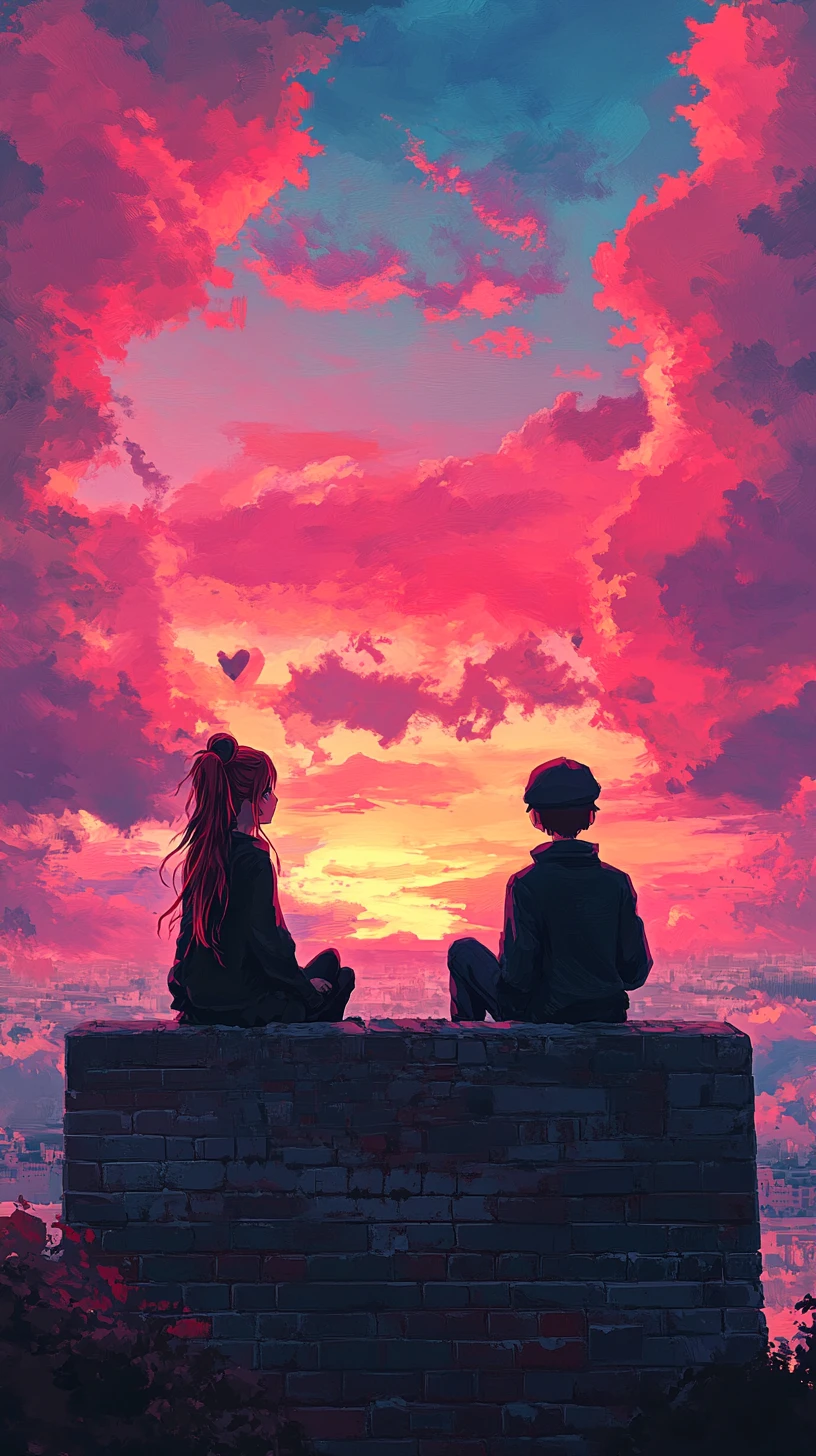 Casal de anime nos muros do castelo ao pôr do sol com nuvens cor-de-rosa