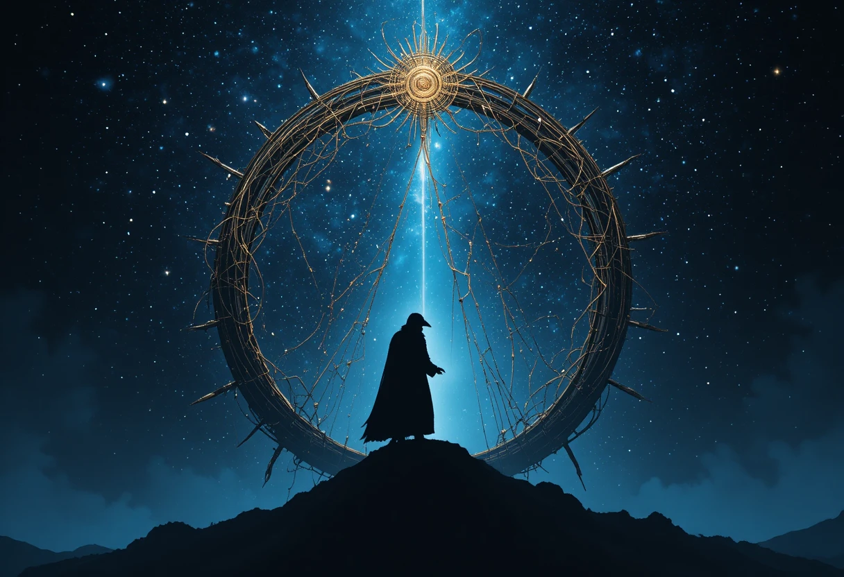 Corvo guardando um portal espiral luminoso na escuridão cósmica