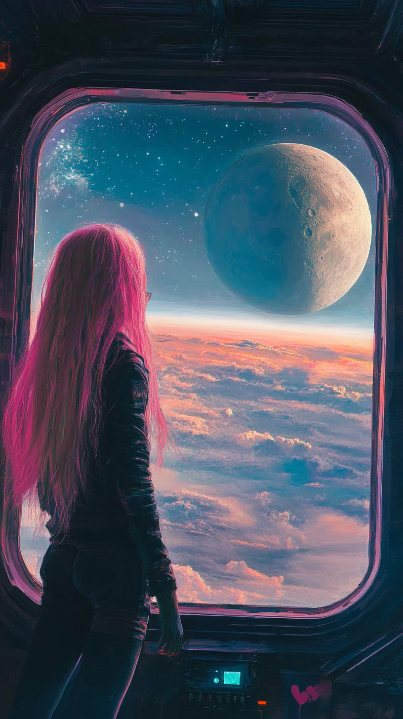 Casal de anime de mãos dadas na janela de uma estação espacial