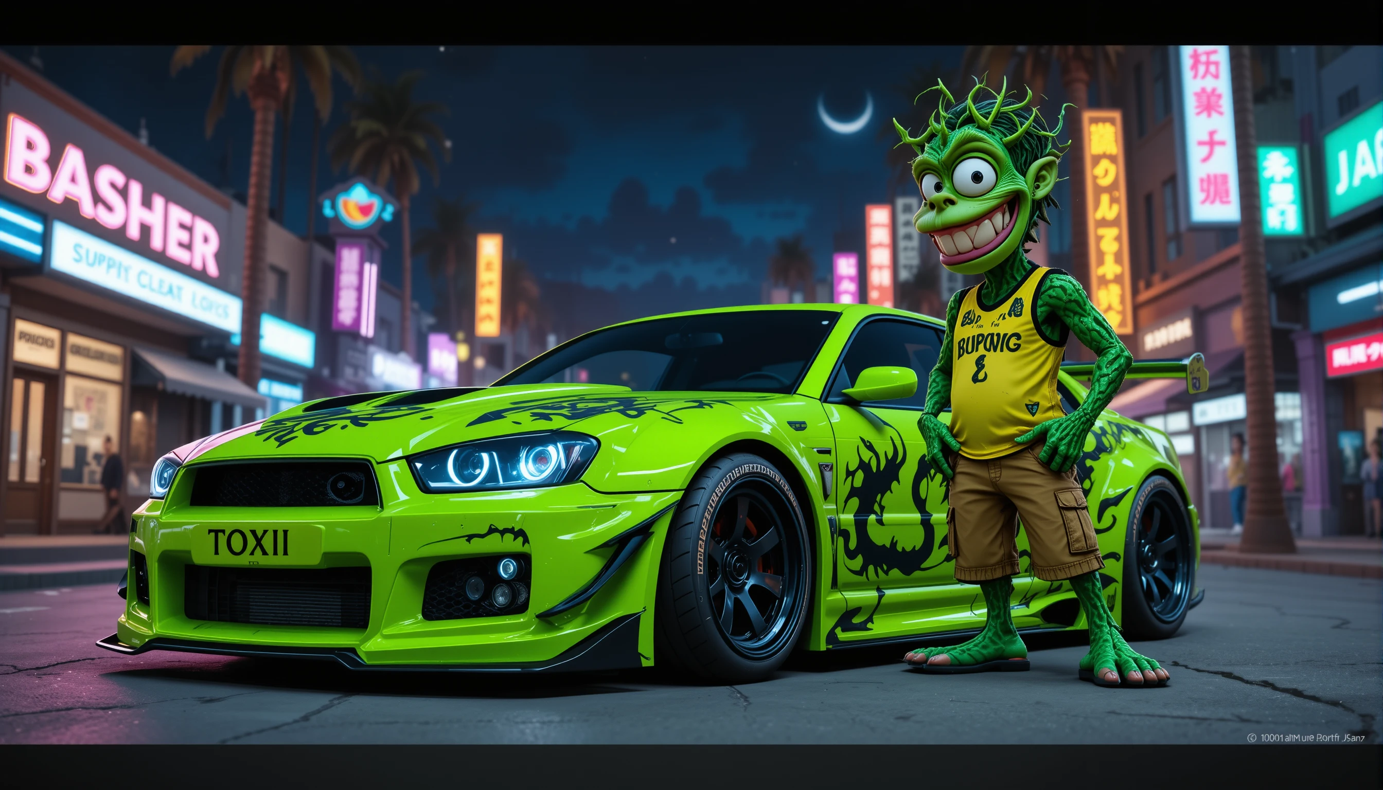 Auto personalizzata verde neon con buffo mostro di rampicanti di notte