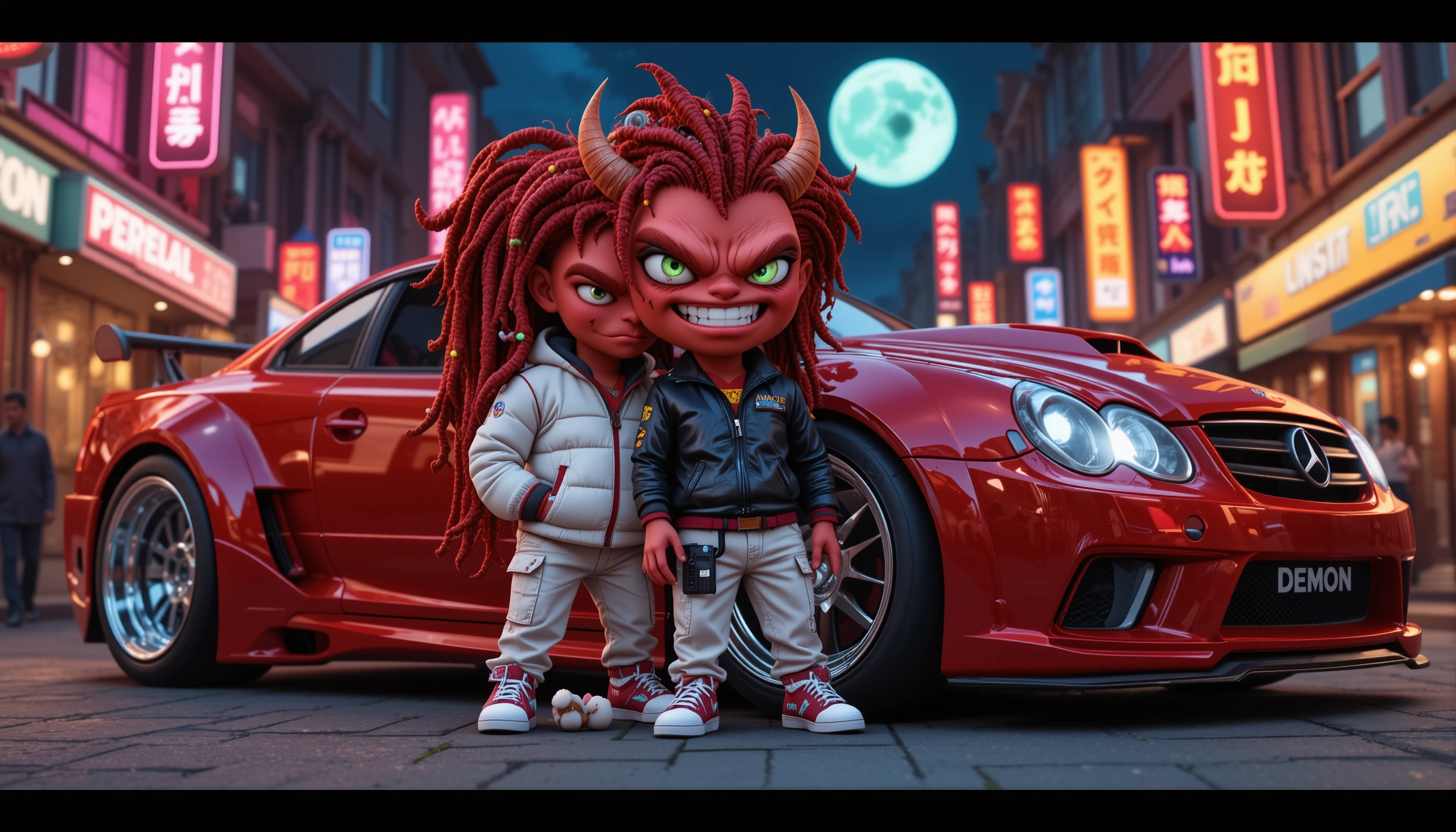 Diable cartoon avec voiture rouge custom sur une rue néon des enfers