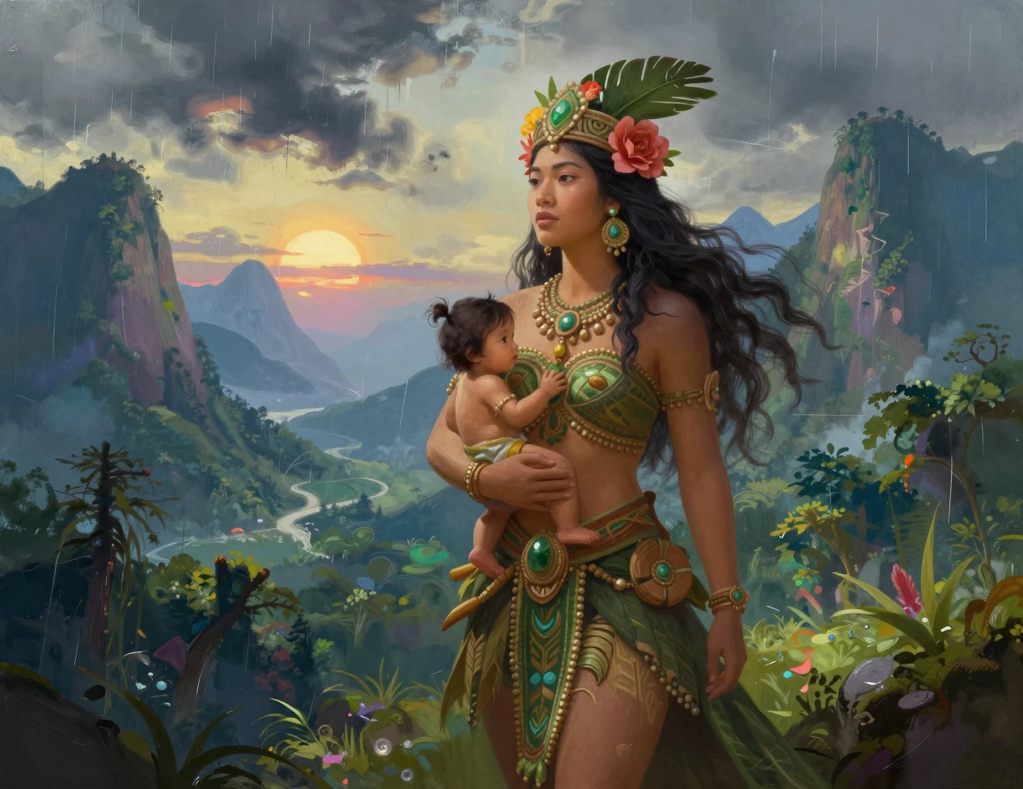 Mythic portrait of a nature goddess before misty mountains