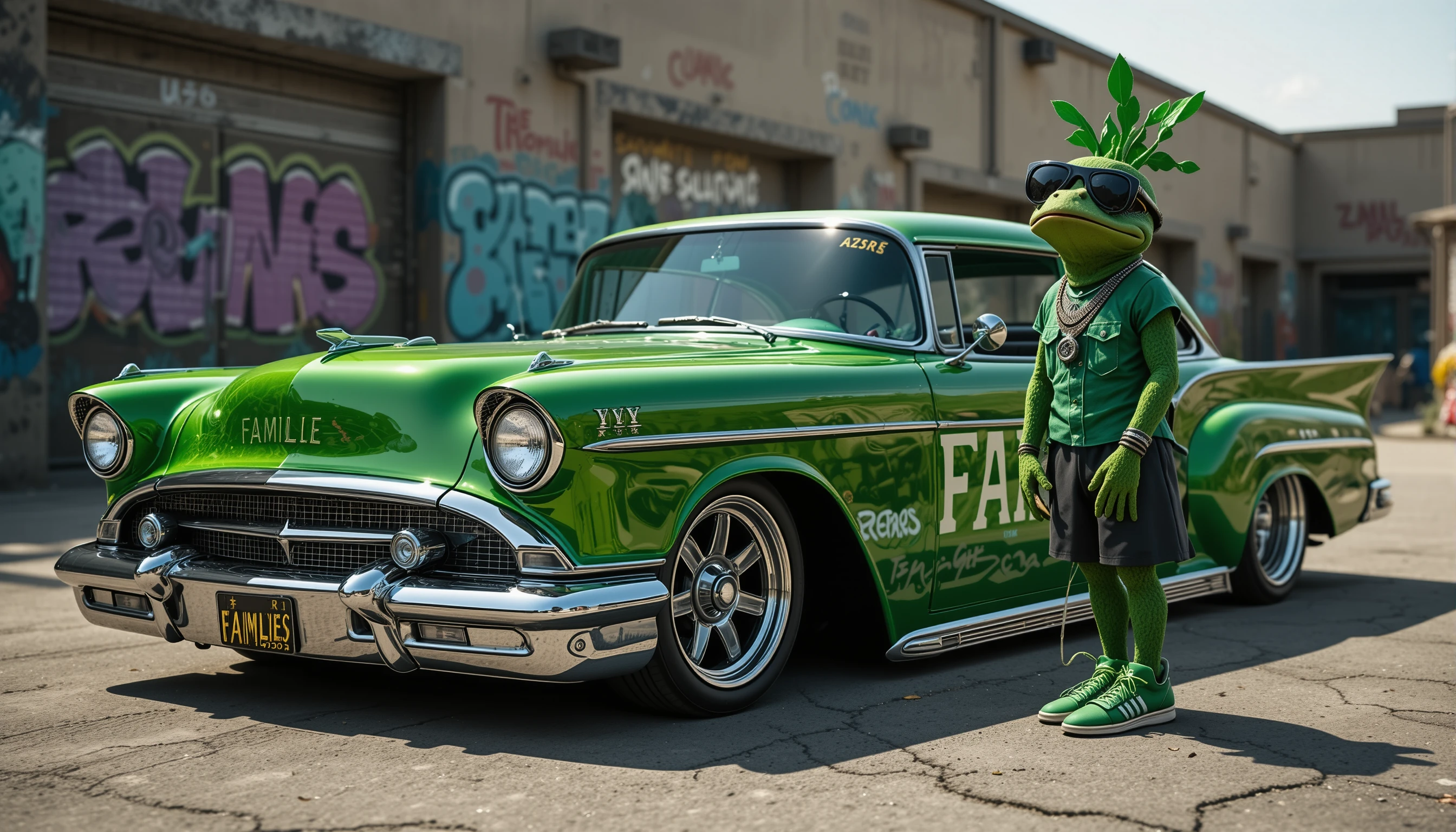 Sapo rapper antropomórfico com carro lowrider verde