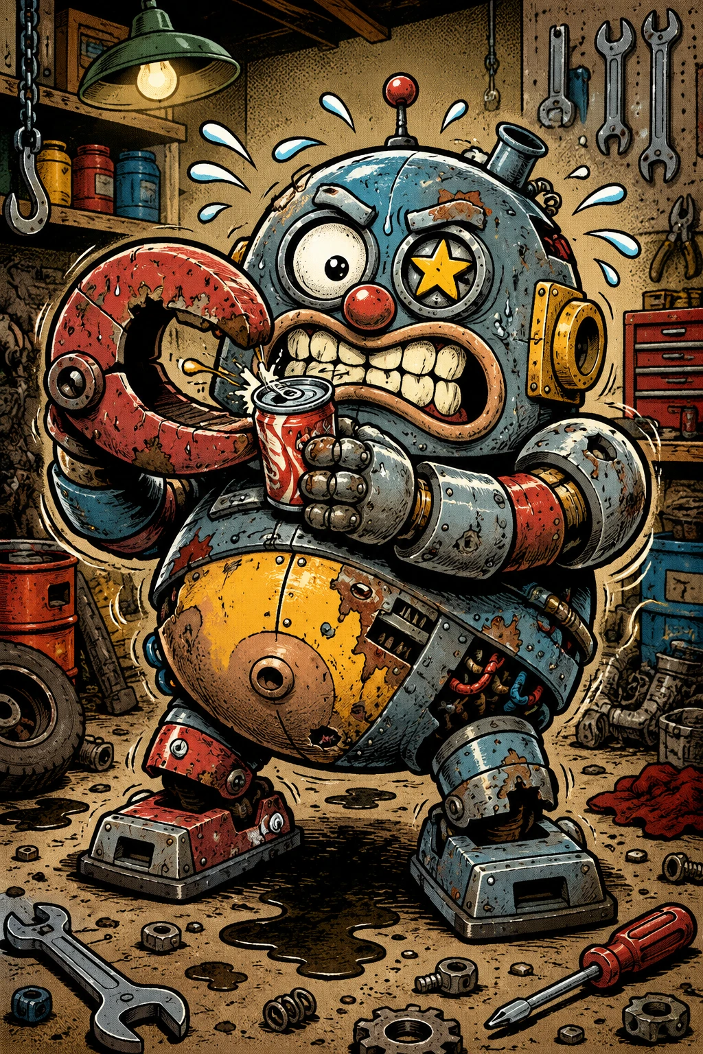 Mecha gordinho de desenho lutando para abrir uma lata de refrigerante