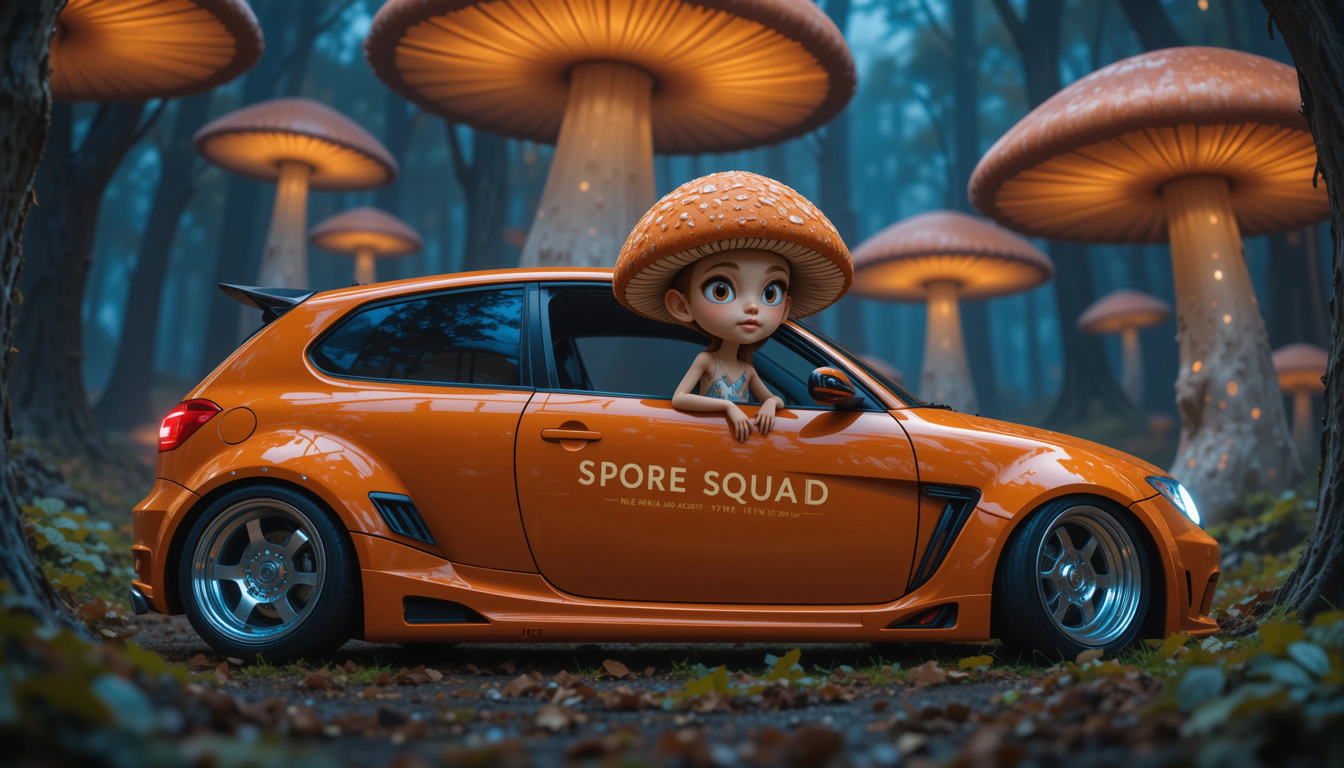 Hatchback tunado laranja queimado sob floresta de cogumelos luminosos