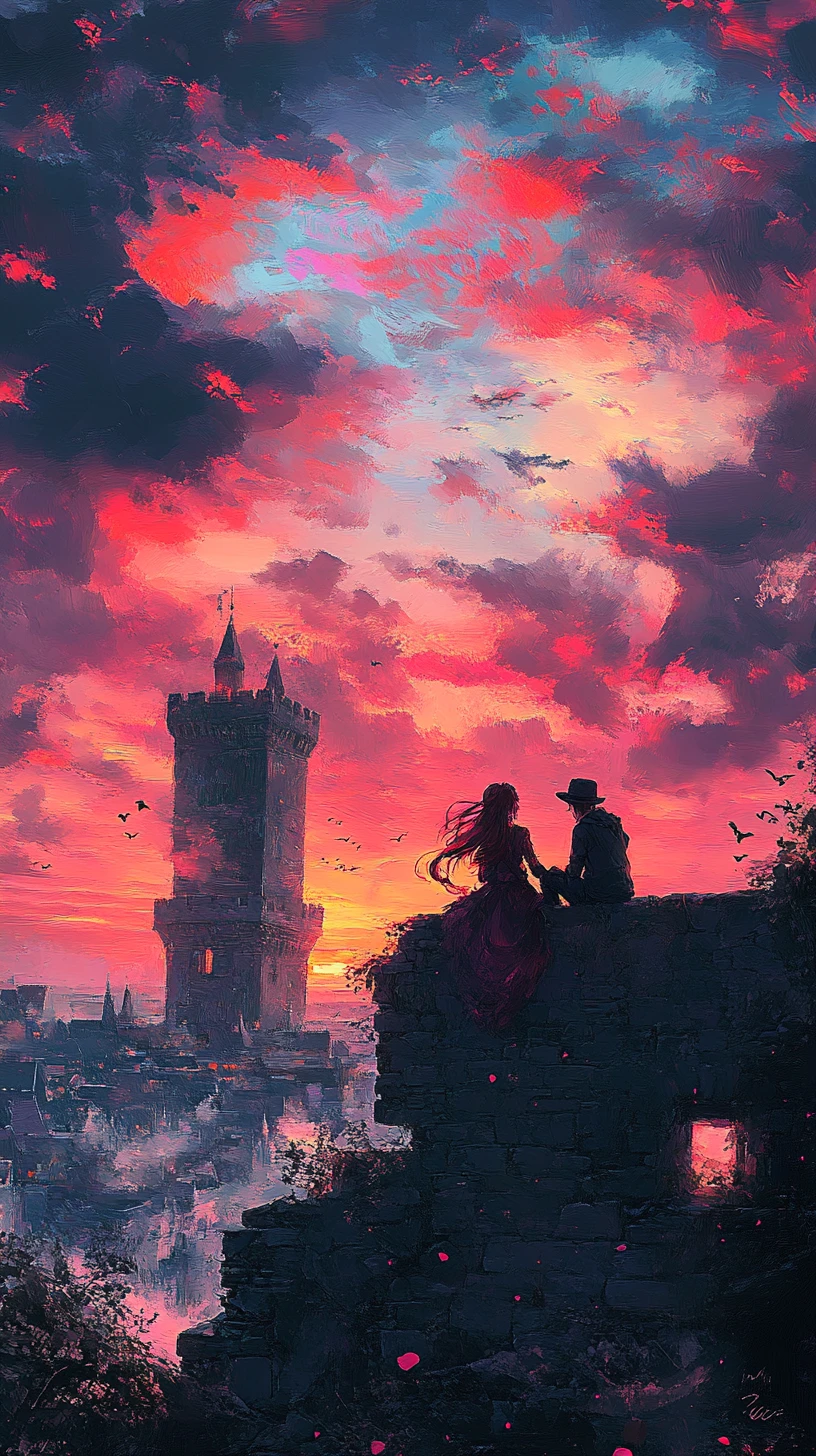Casal de anime no muro de castelo ao pôr do sol rosa