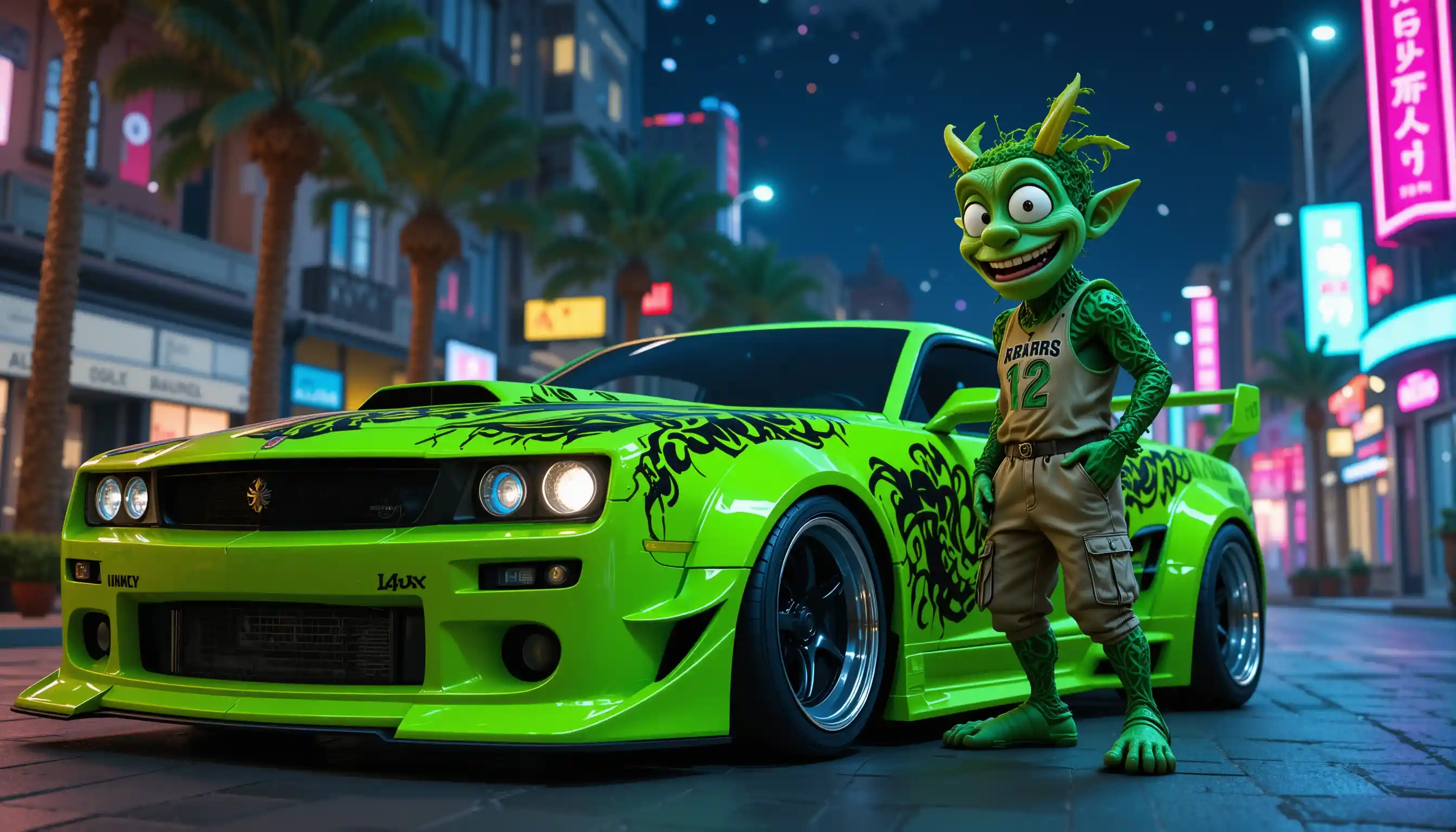 Cartoon vine monster beside neon green custom car at night