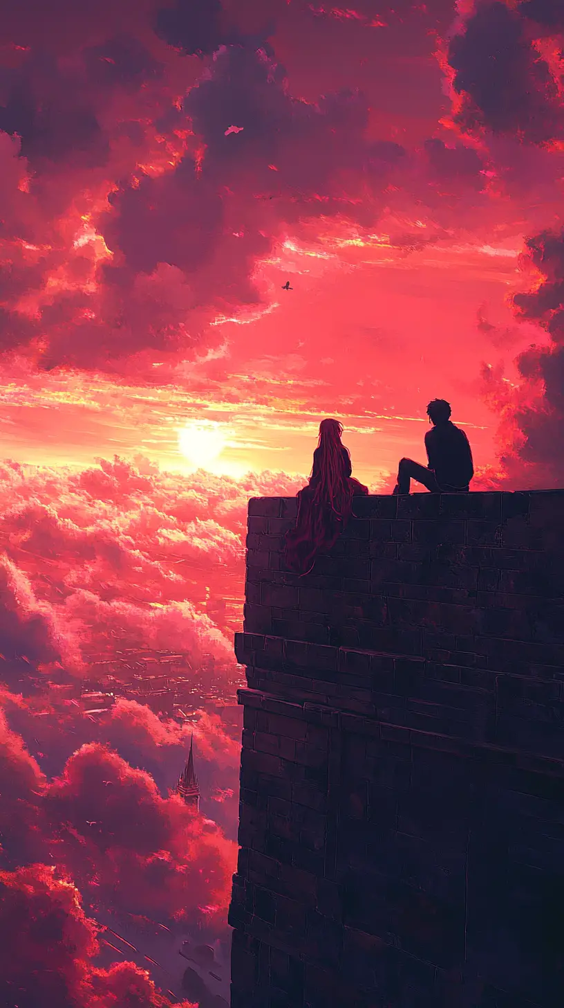 Anime-Paar auf alter Backsteinburg bei romantischem Sonnenuntergang