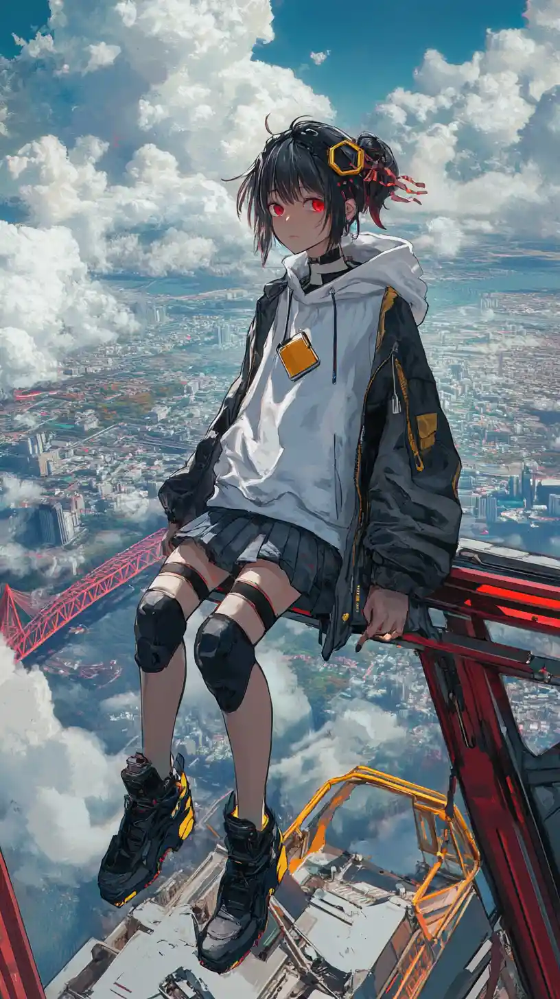 Anime-Mädchen mit futuristischem Schwert im Dachgarten