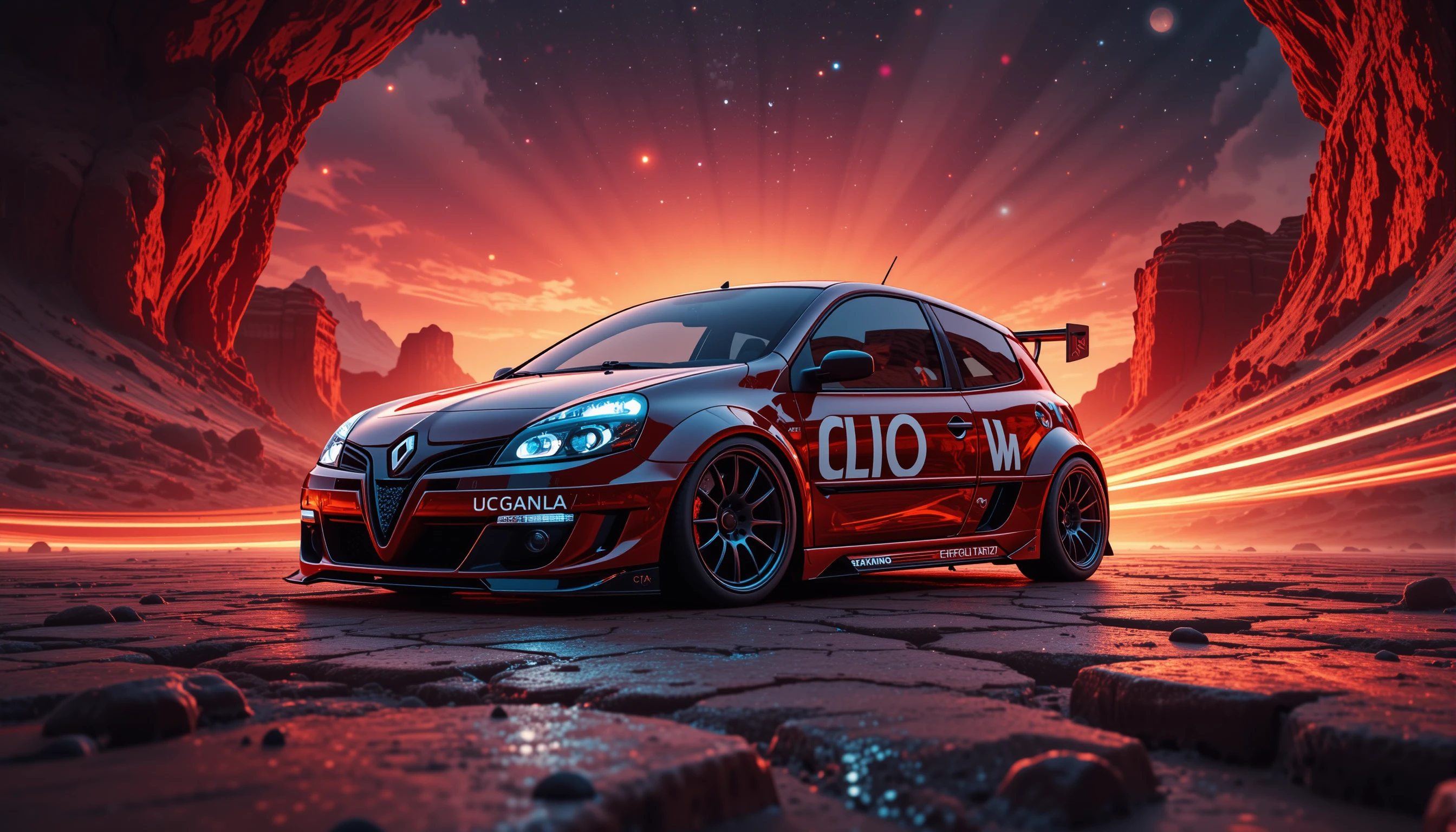 Carro esportivo widebody com lettering marcante na porta em falésias ao pôr do sol