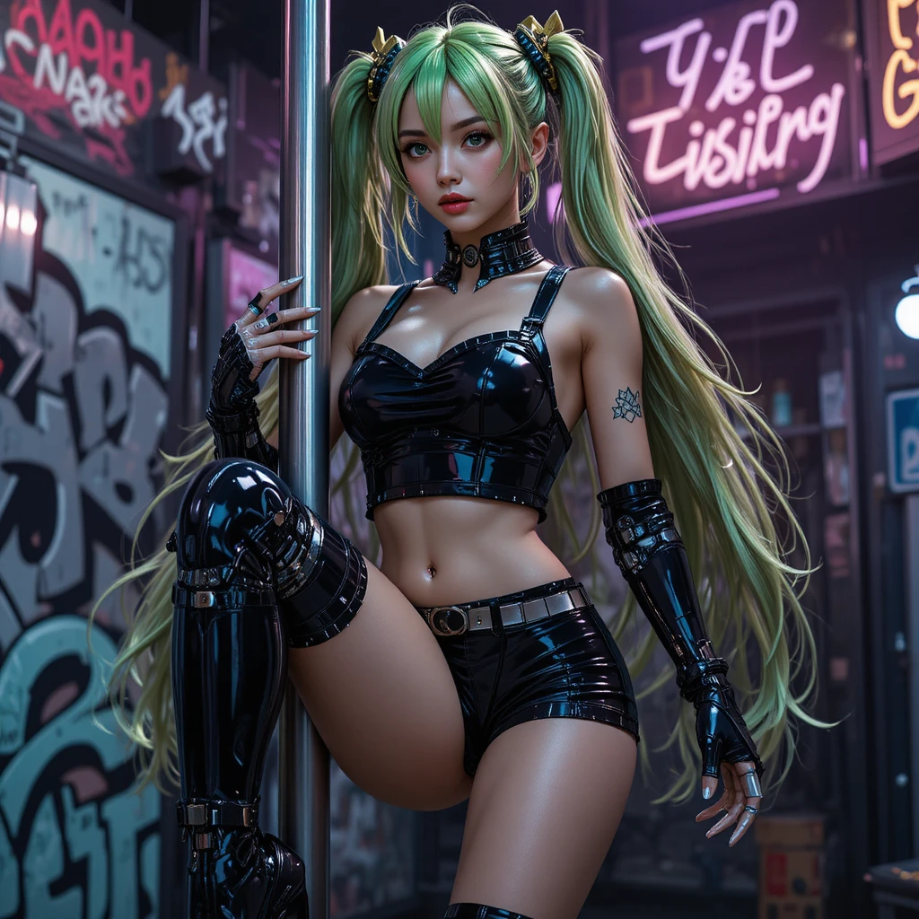 Cybernetic anime girl dancing by a pole in nightclub
