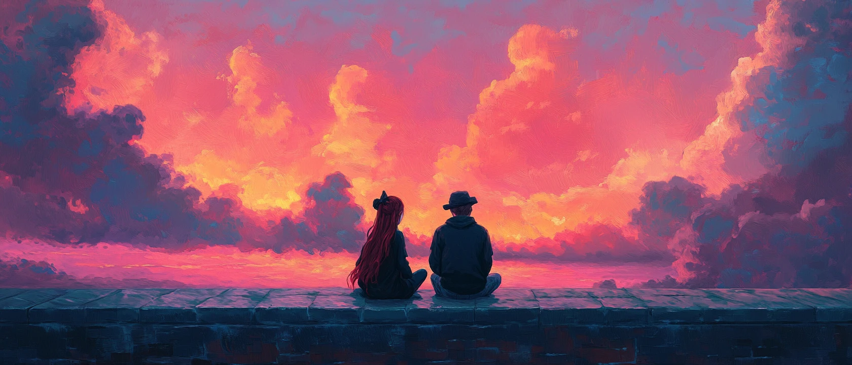 Couple d’anime sur les remparts du château au coucher du soleil avec ciel rose