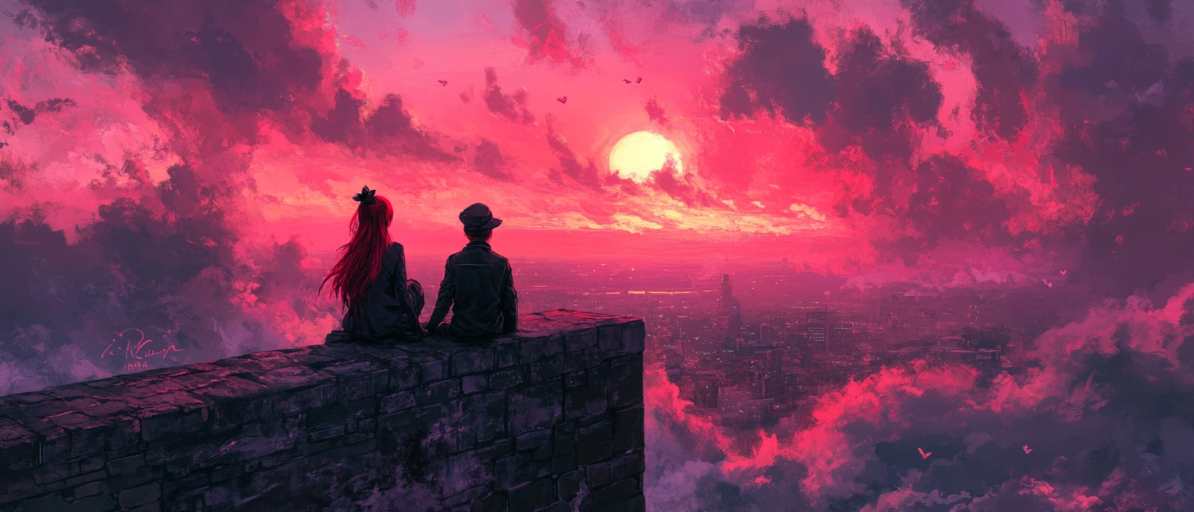 Casal de anime no muro de castelo de tijolos vermelhos ao pôr do sol