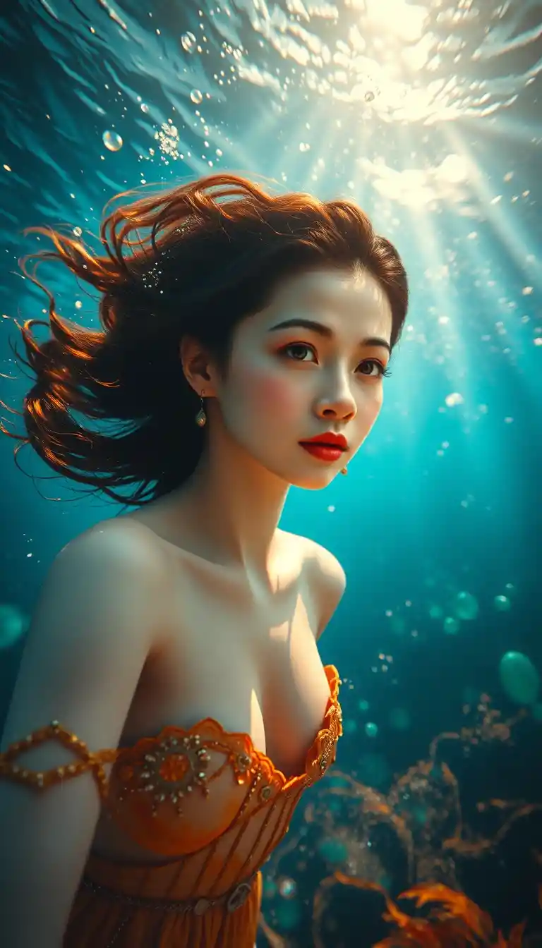 Elegante Frau schwimmt durch sonnenbeschienene Unterwasserlandschaft
