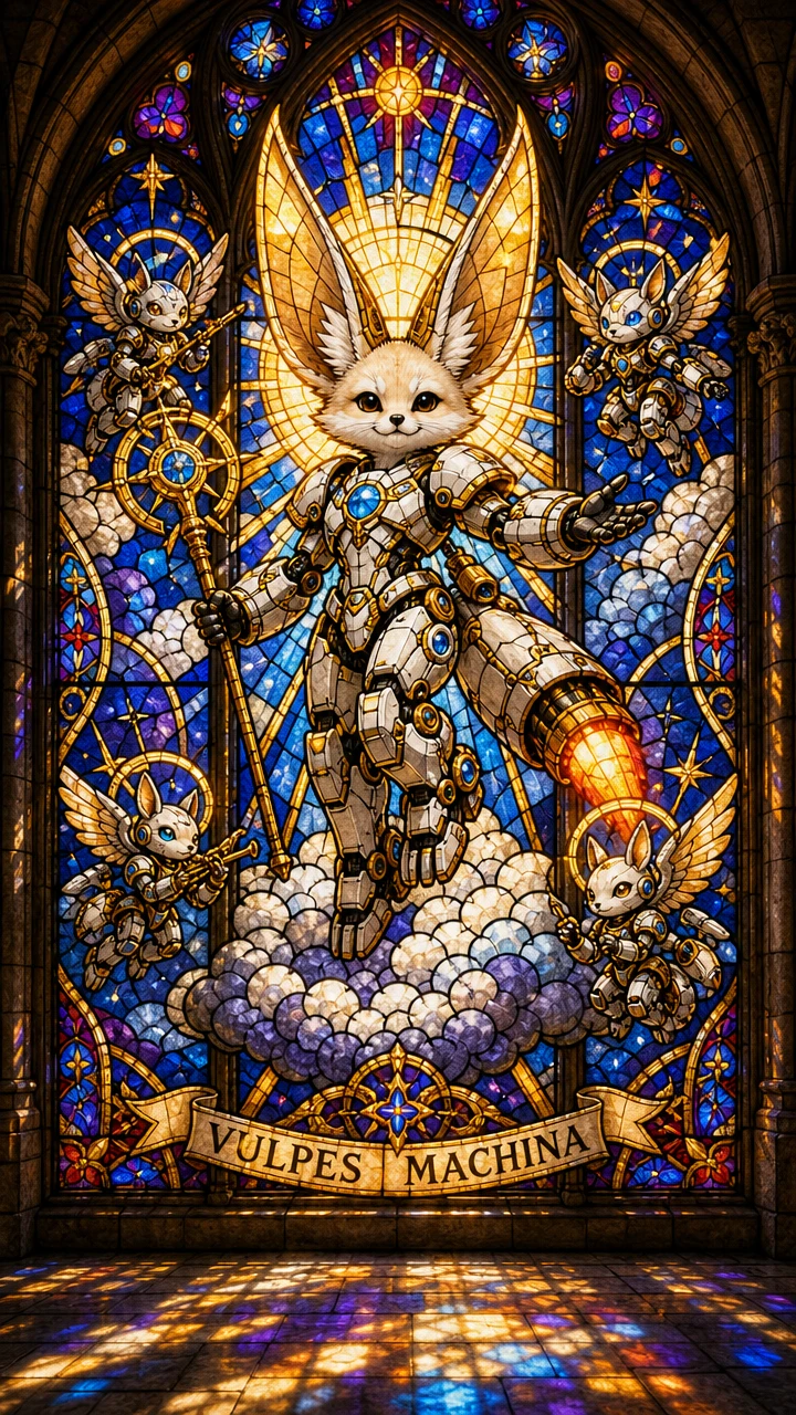 Ícone de Raposa Mecha em Vitral em Janela de Catedral Gótica