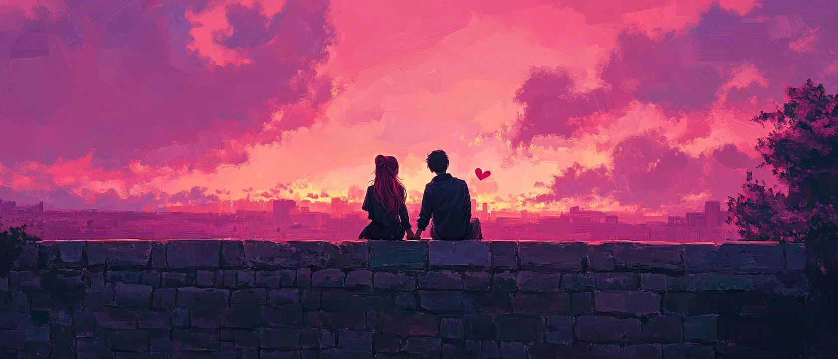 Couple d’anime sur les remparts en brique rouge d’un château au coucher du soleil