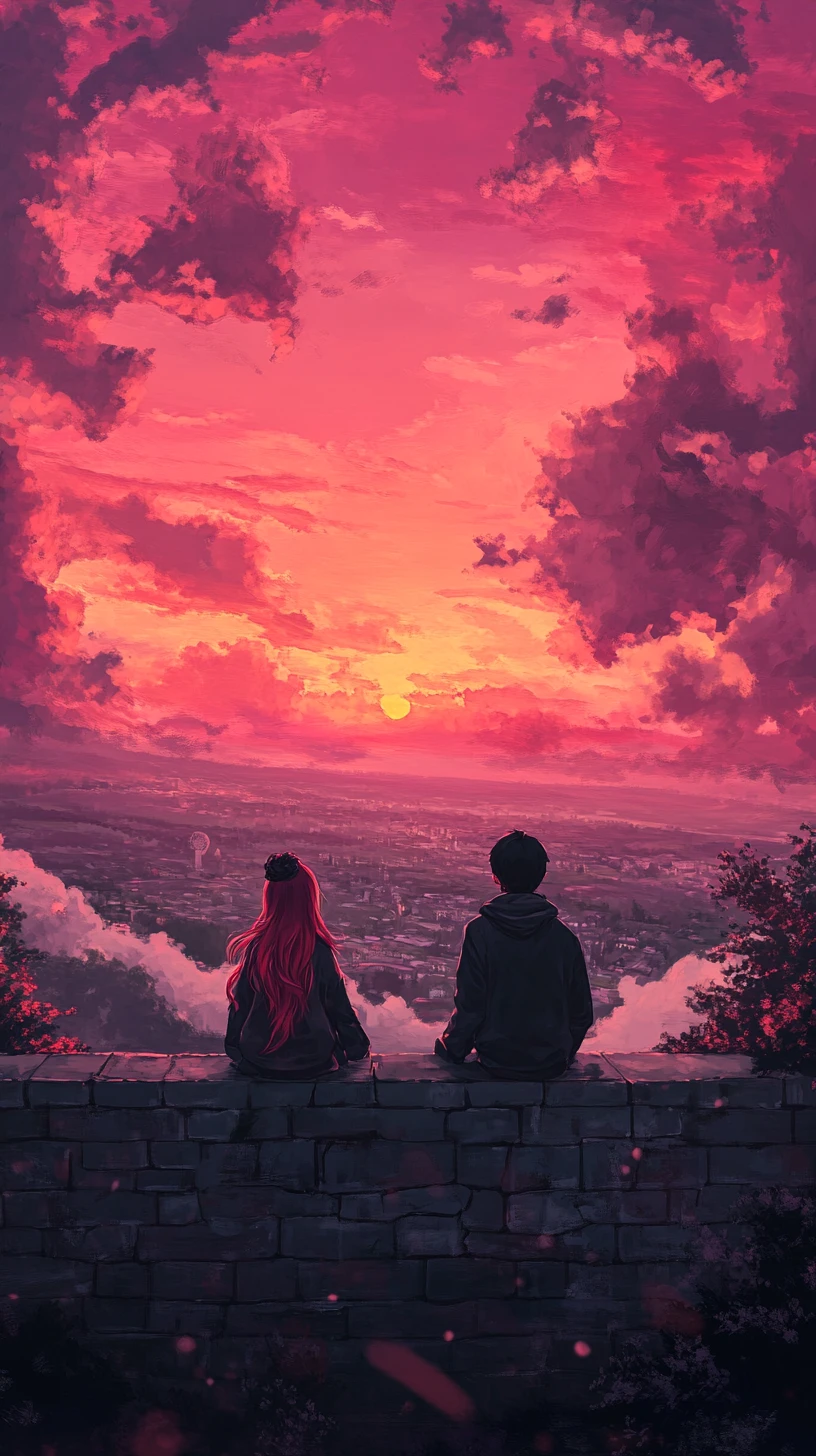 Casal de anime no muro de um velho castelo ao pôr do sol romântico