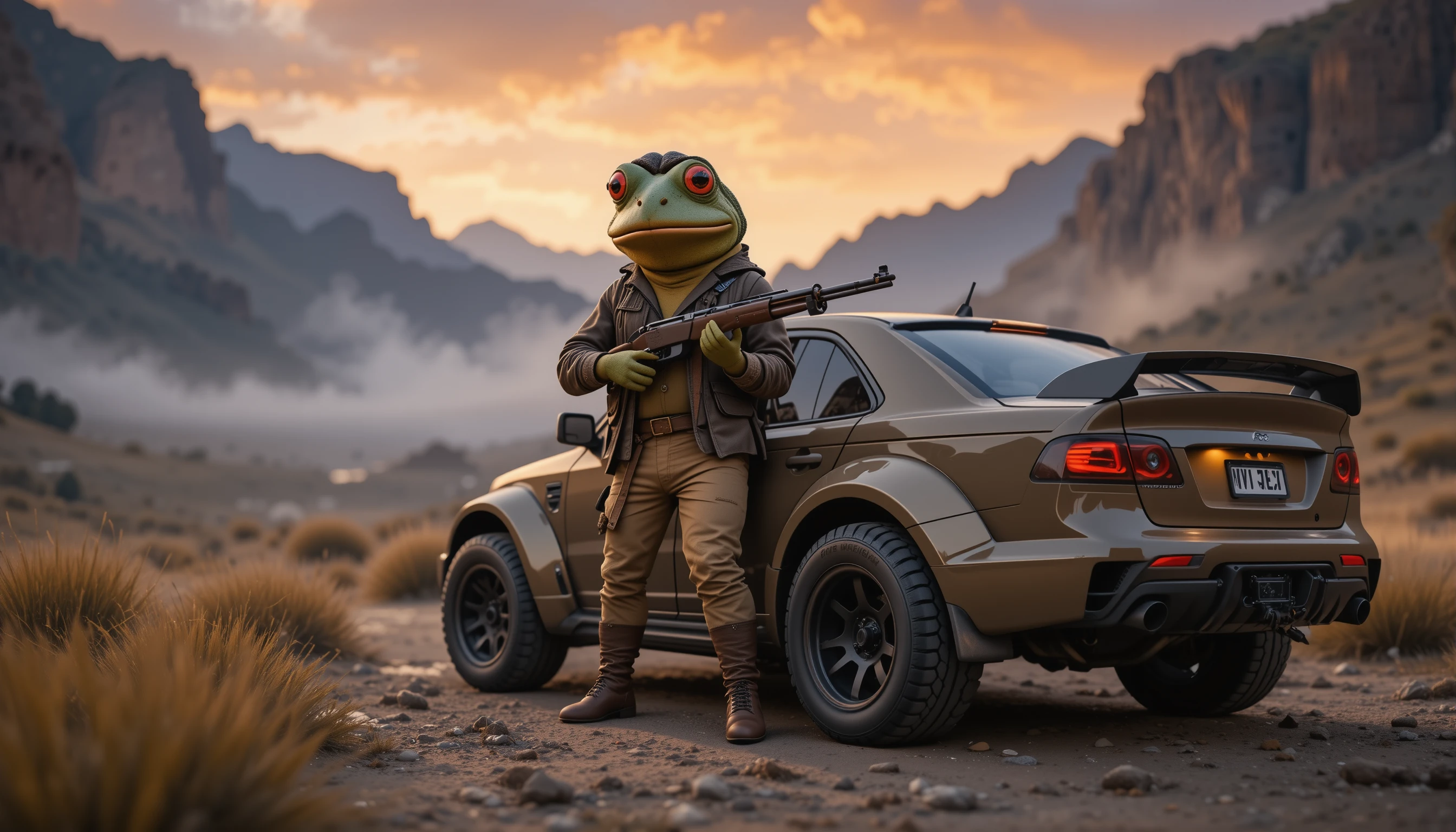 Anthropomorphic frog hunter leaning on armored vehicle at dusk