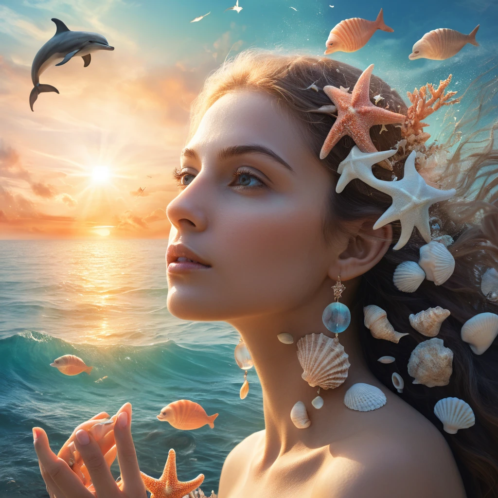 Woman portrait blended with tranquil ocean at sunset