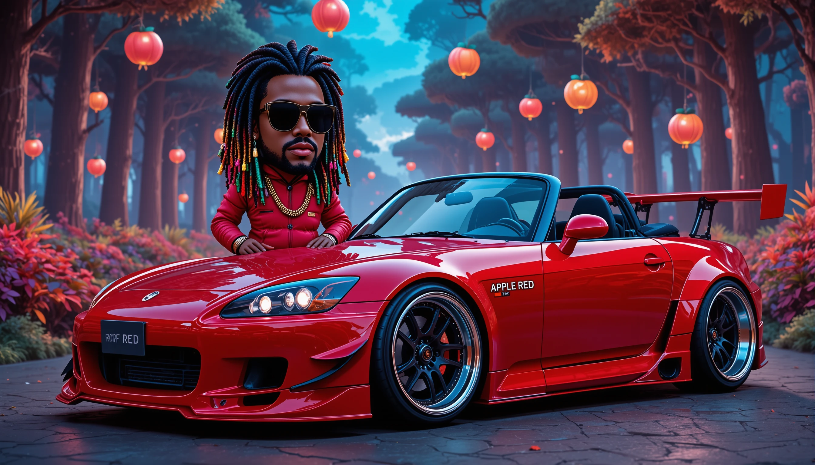 Chefão do rap gangster com carro vermelho em floresta de fantasia neon