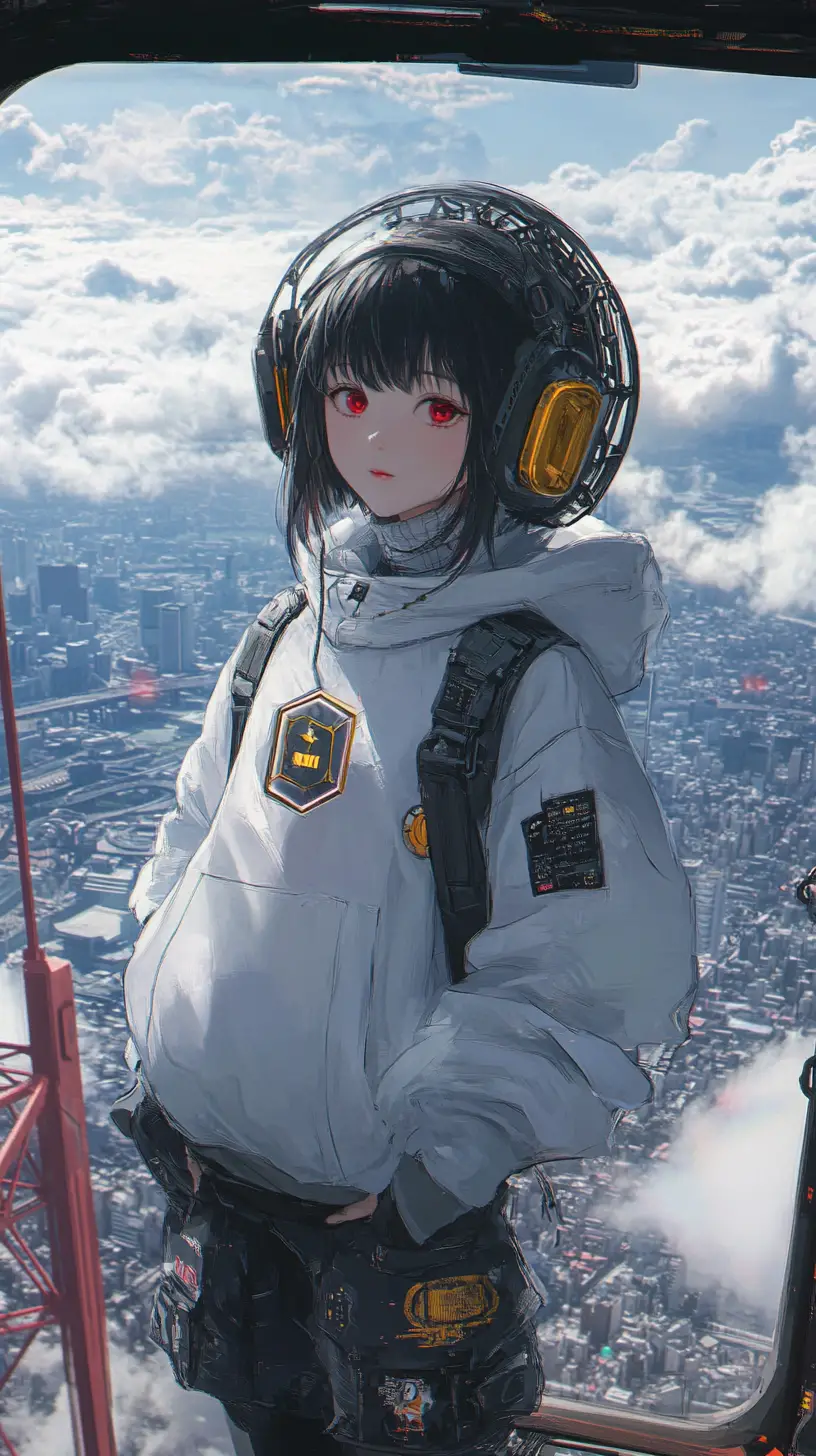 近未来の剣を持つアニメ少女がビルの屋上に立つ