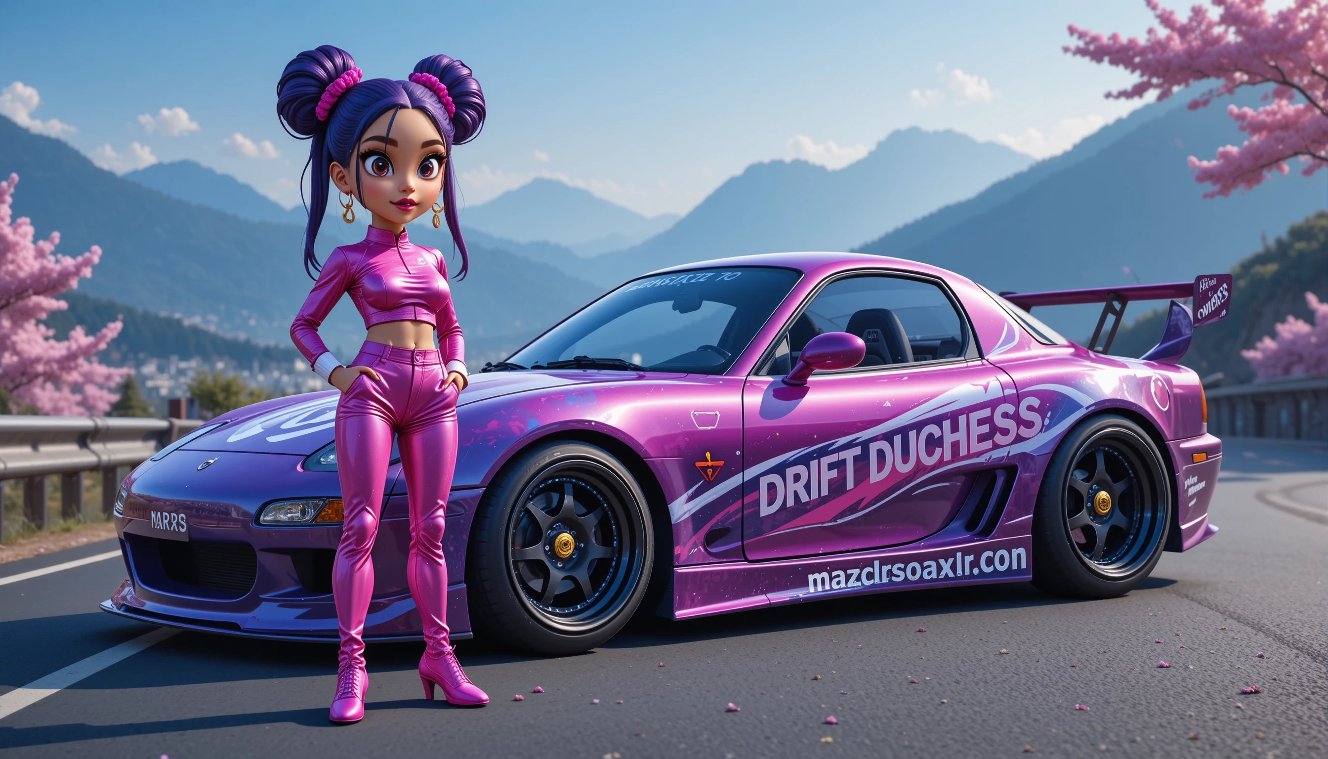 Donna in stile gangster accanto a Mazda personalizzata su passo di montagna