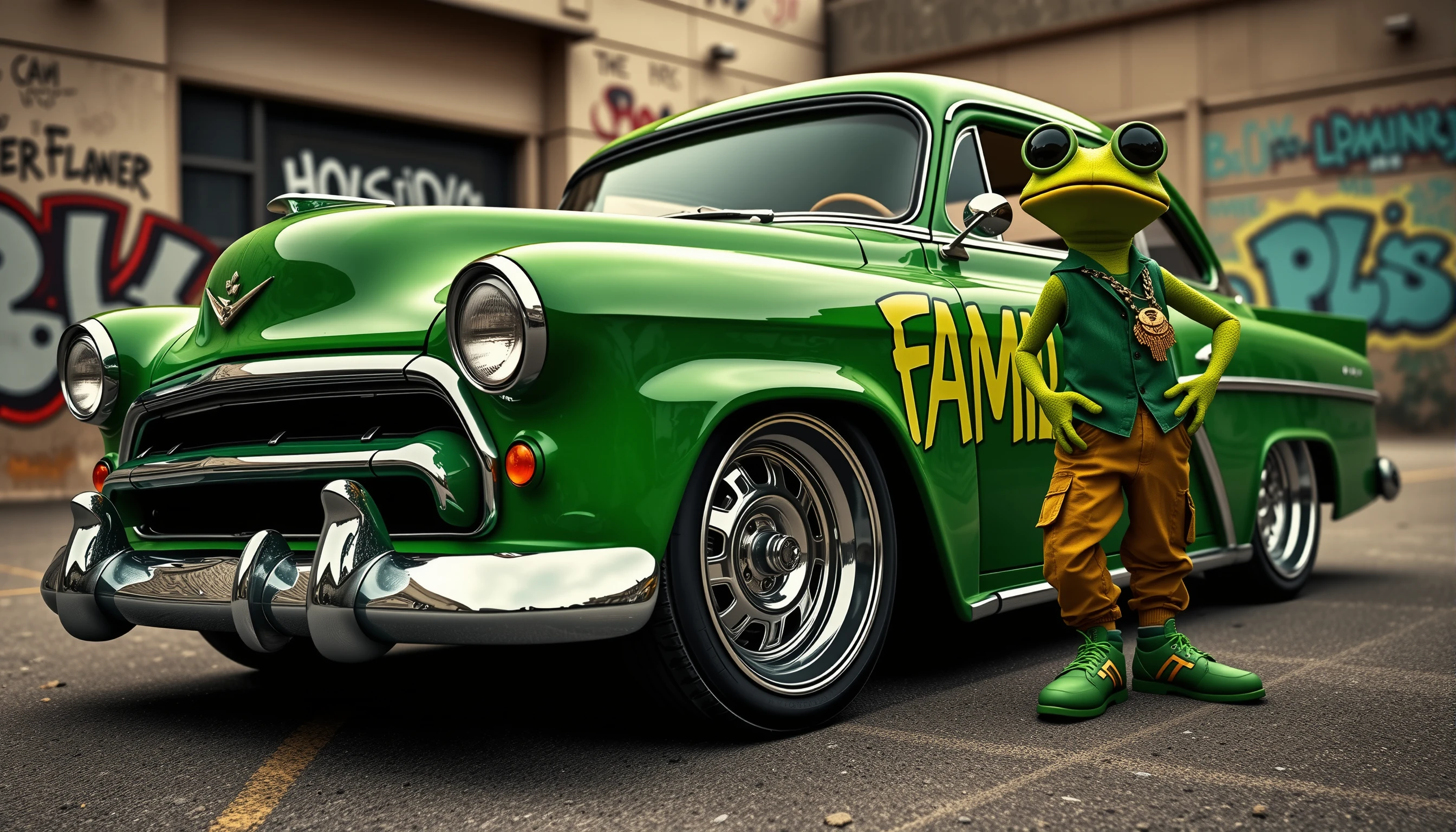 Sapo rapper antropomórfico ao lado de carro lowrider verde personalizado