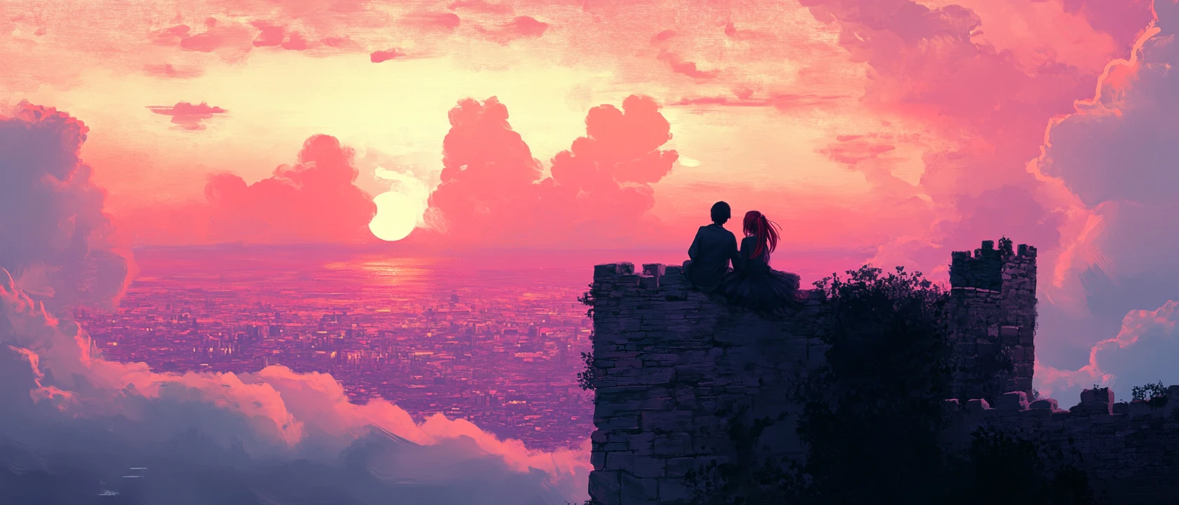 Casal de anime nos muros de tijolo vermelho do castelo ao pôr do sol