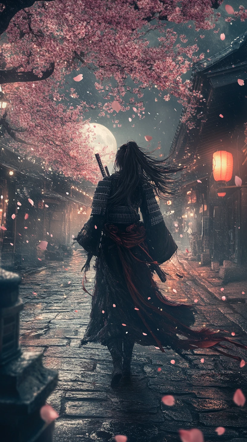 Samurai woman walking through moonlit cherry blossom street