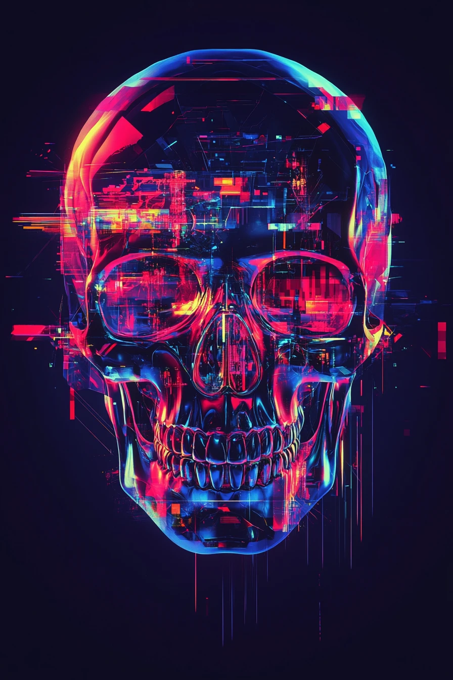 Glitch Skull Silhouette With Neon RGB Cyberpunk Glow