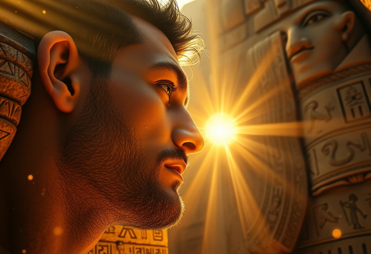 Close-up de perfil de homem chorando diante de deuses de pedra vivos