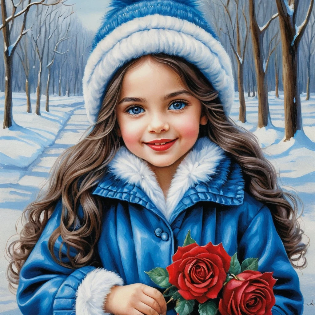 Menina sorridente de inverno com rosas e chapéu azul