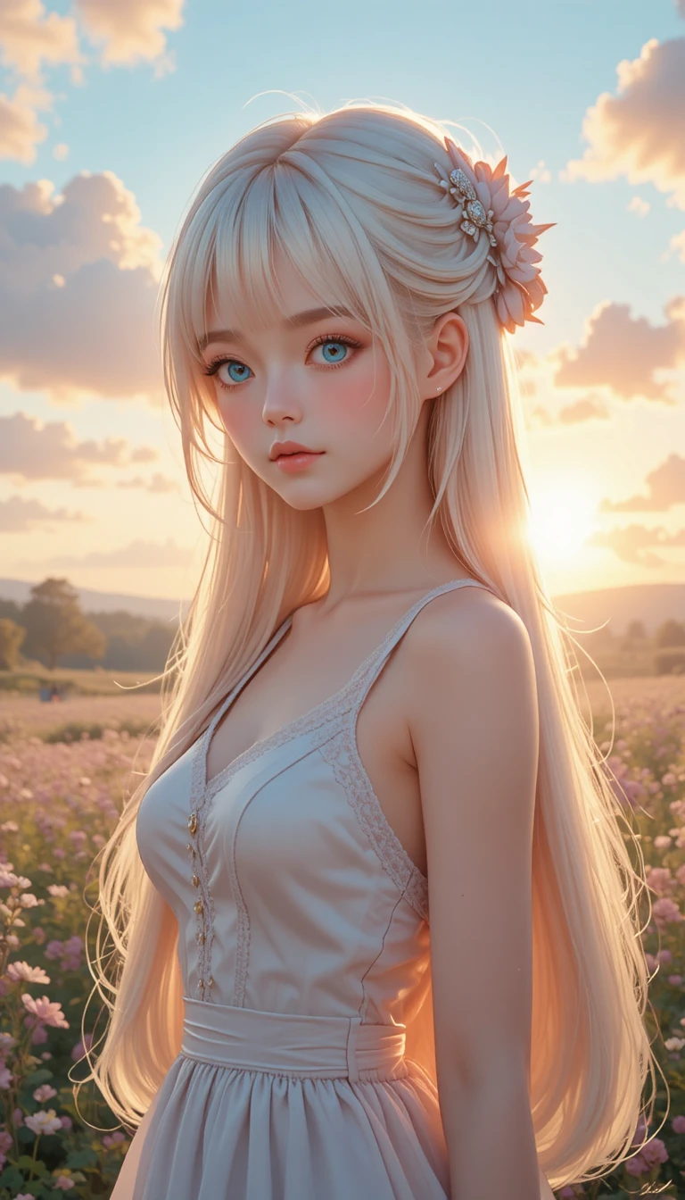 Blondes Anime-Mädchen im Blumenfeld bei goldenem Sonnenuntergang
