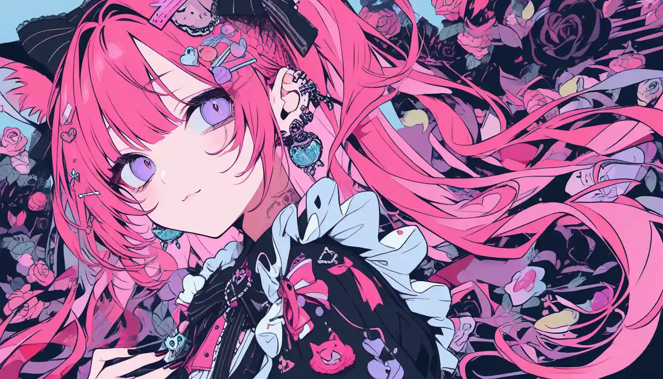 Empregada gótica lolita gata com cabelo rosa e tatuagens