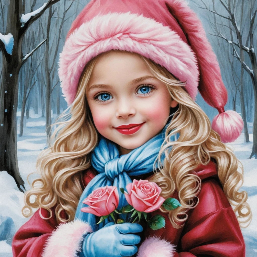 Lächelndes Wintermädchen mit Rosen und rosa Mütze im Schnee