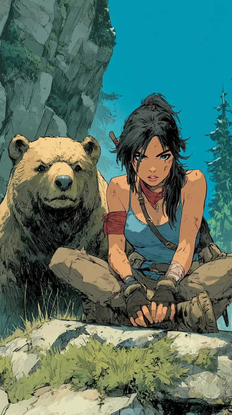 Warrior woman facing a powerful bear in the wilderness