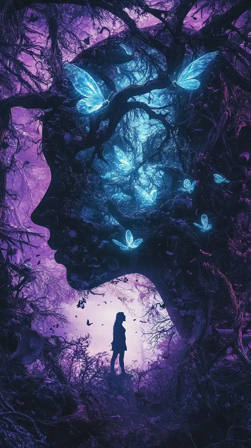 Bioluminescent Fairy Swarm Forming A Woman Profile Silhouette