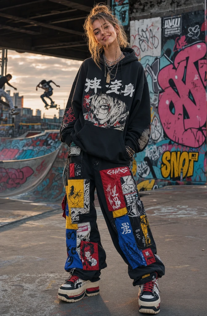 Mulher brincalhona de streetwear cyberpunk em um skatepark urbano